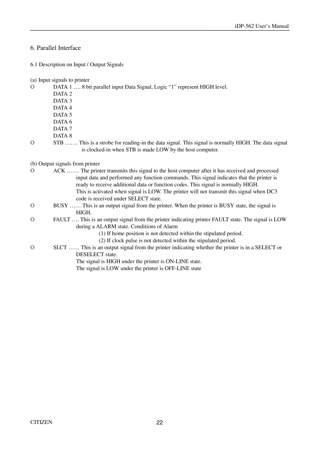 Citizen Systems iDP-562 user manual Parallel Interface, Data 3 Data 4 Data 5 Data 6 Data 7 Data 