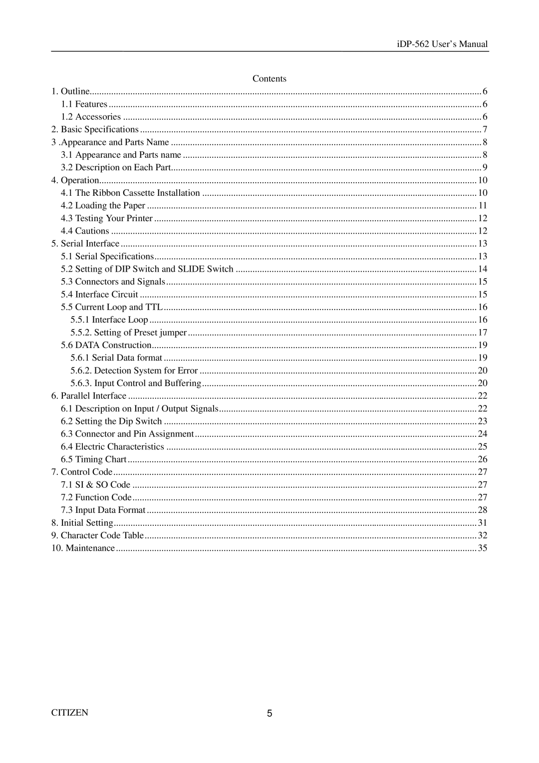 Citizen Systems iDP-562 user manual IDP-562 User’s Manual Contents 