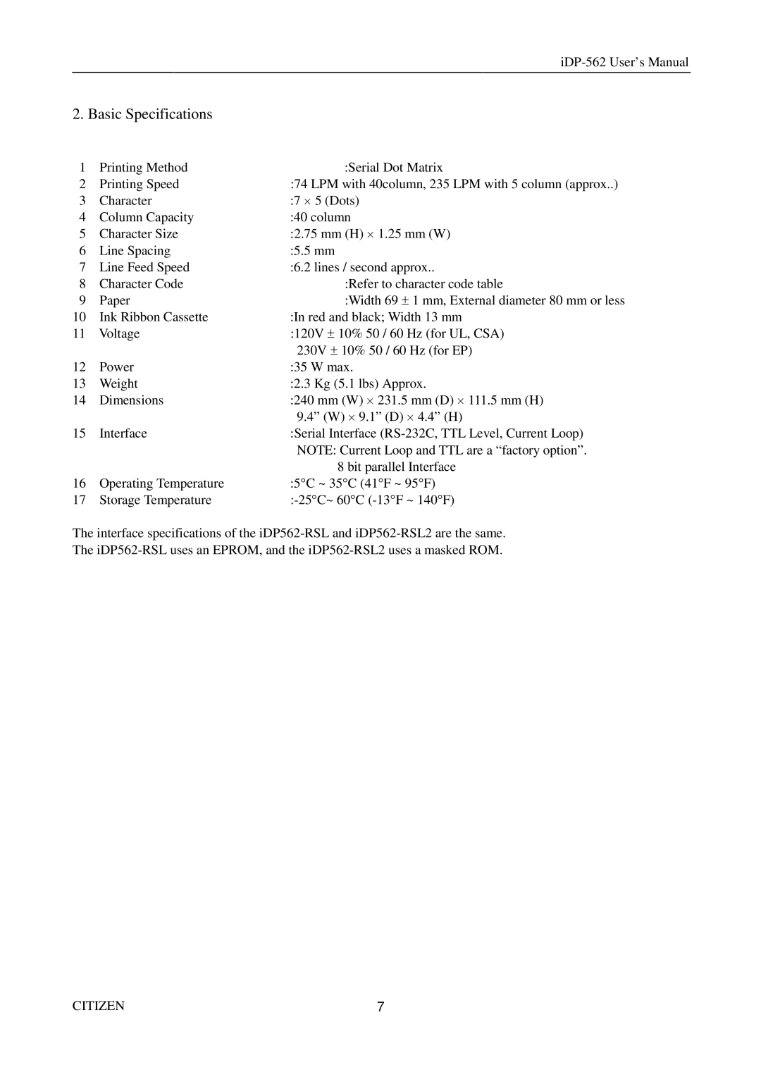 Citizen Systems iDP-562 user manual Basic Specifications 