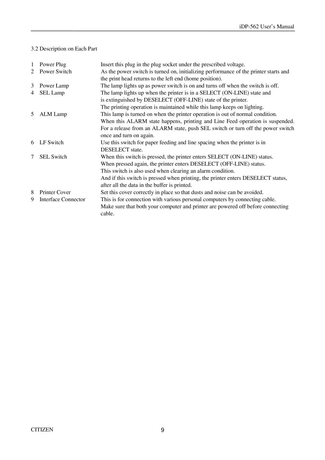 Citizen Systems iDP-562 user manual Citizen 