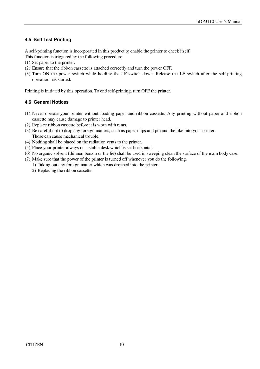 Citizen Systems iDP3110 manual Self Test Printing, General Notices 