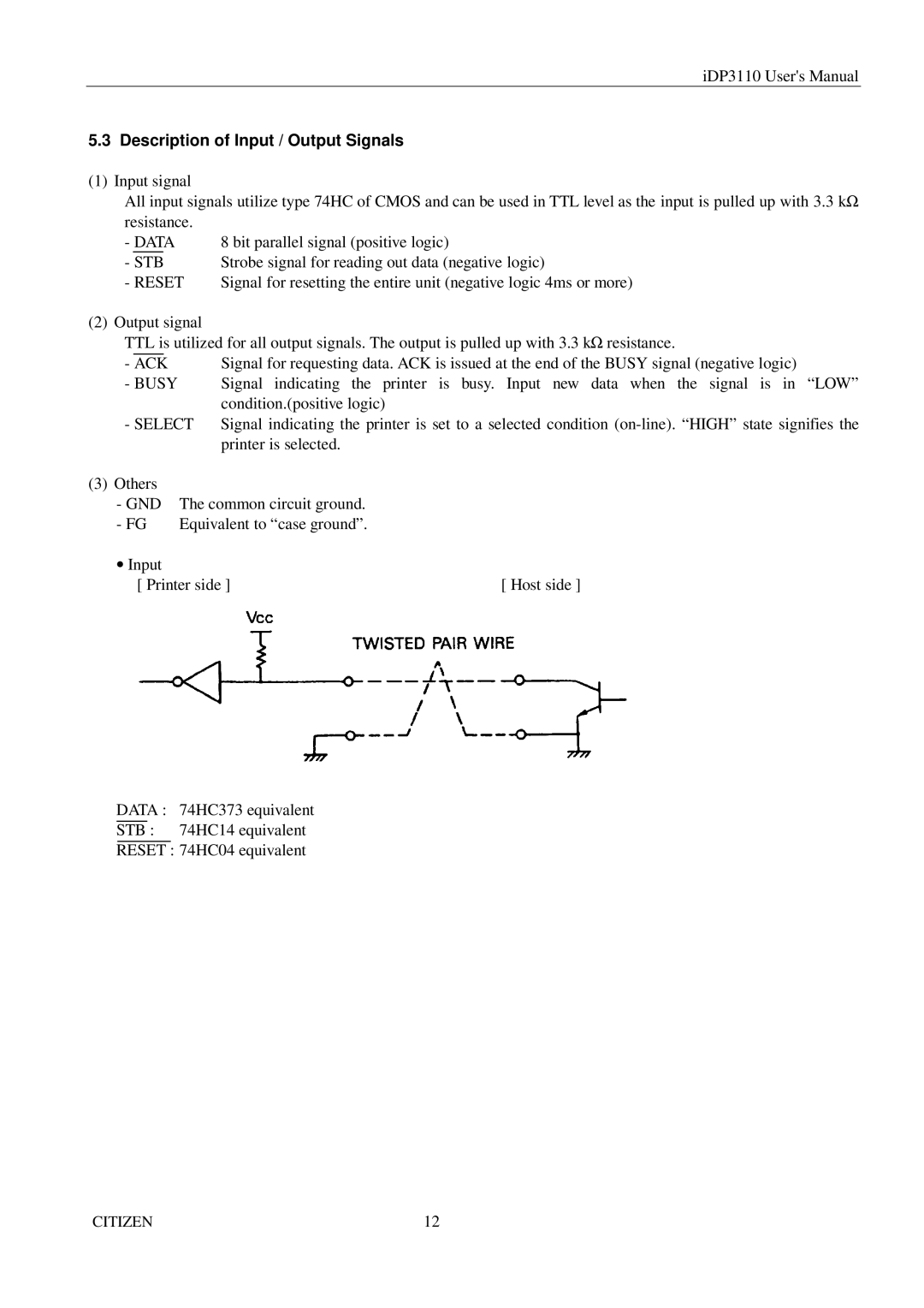 Citizen Systems iDP3110 manual Description of Input / Output Signals, Gnd 