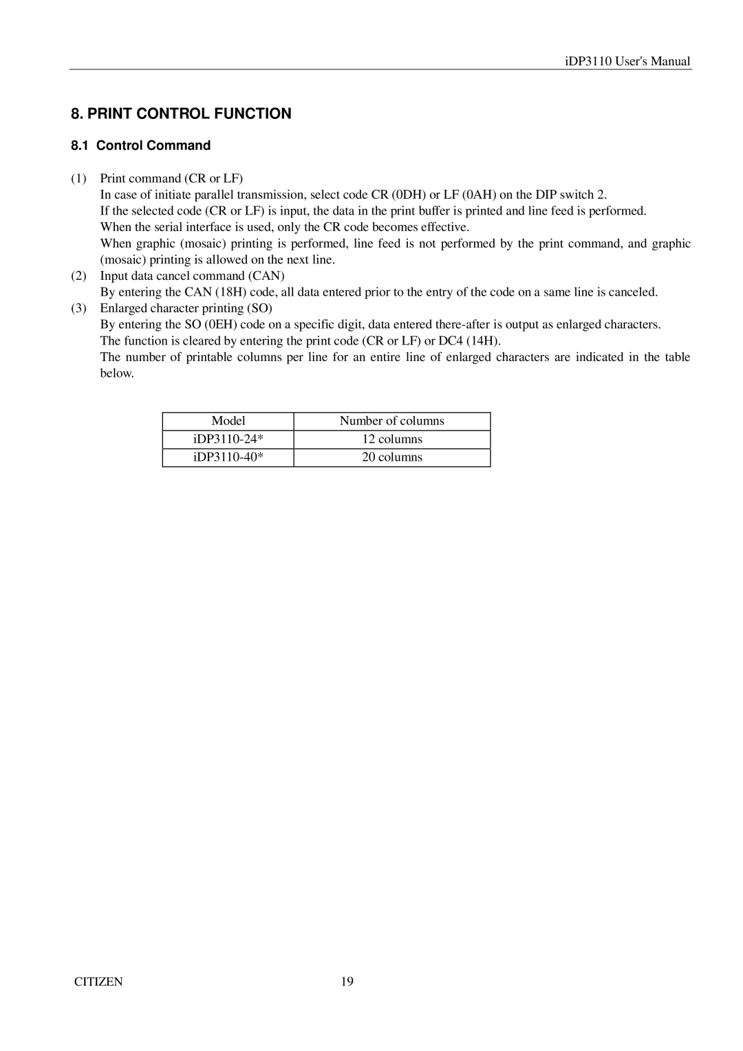 Citizen Systems iDP3110 manual Print Control Function, Control Command 