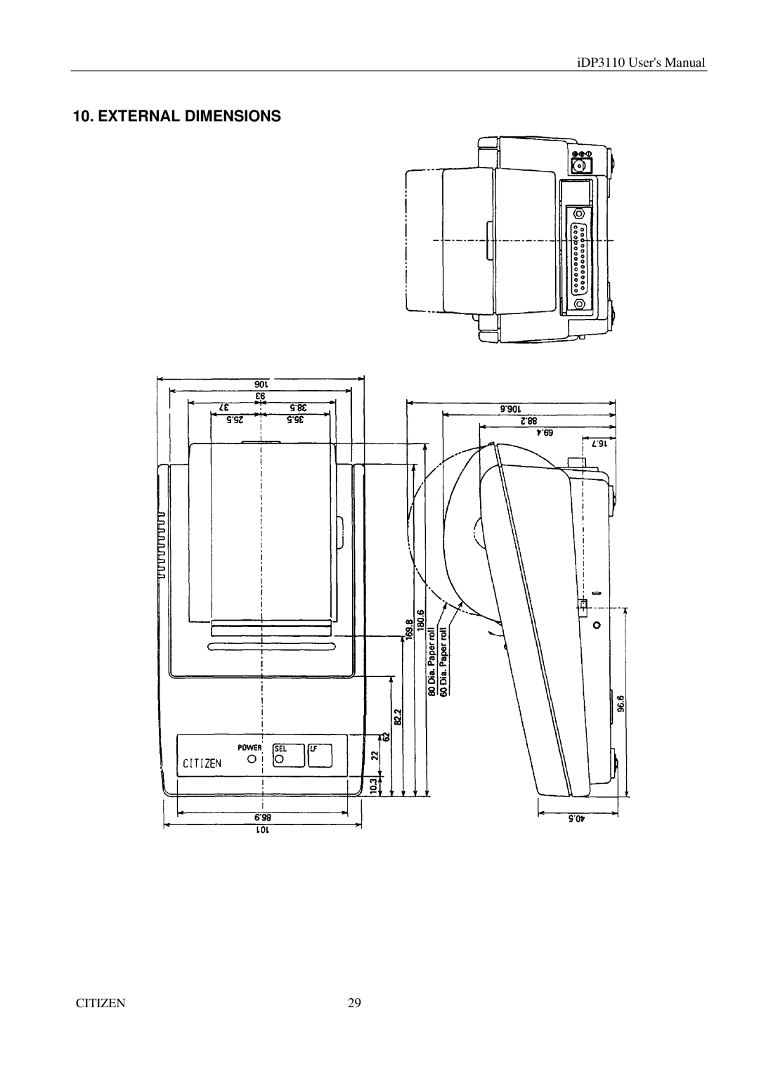 Citizen Systems iDP3110 manual External Dimensions 