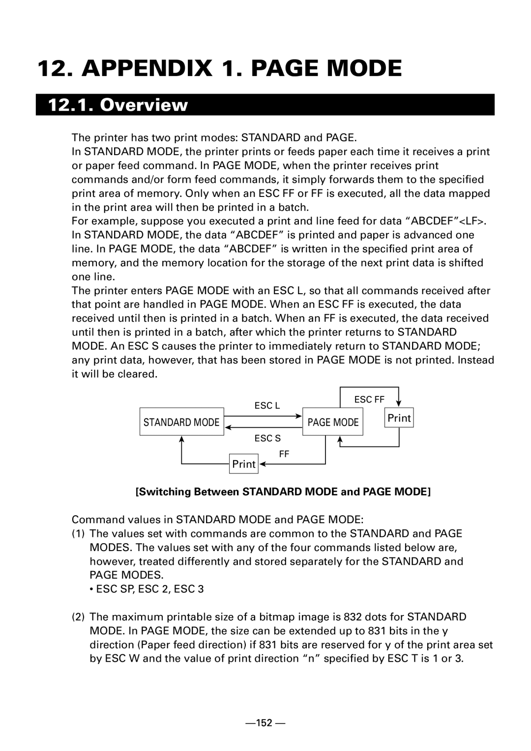 Citizen Systems iDP3240 user manual Appendix 1. page Mode, Overview, Switching Between Standard Mode and page Mode 