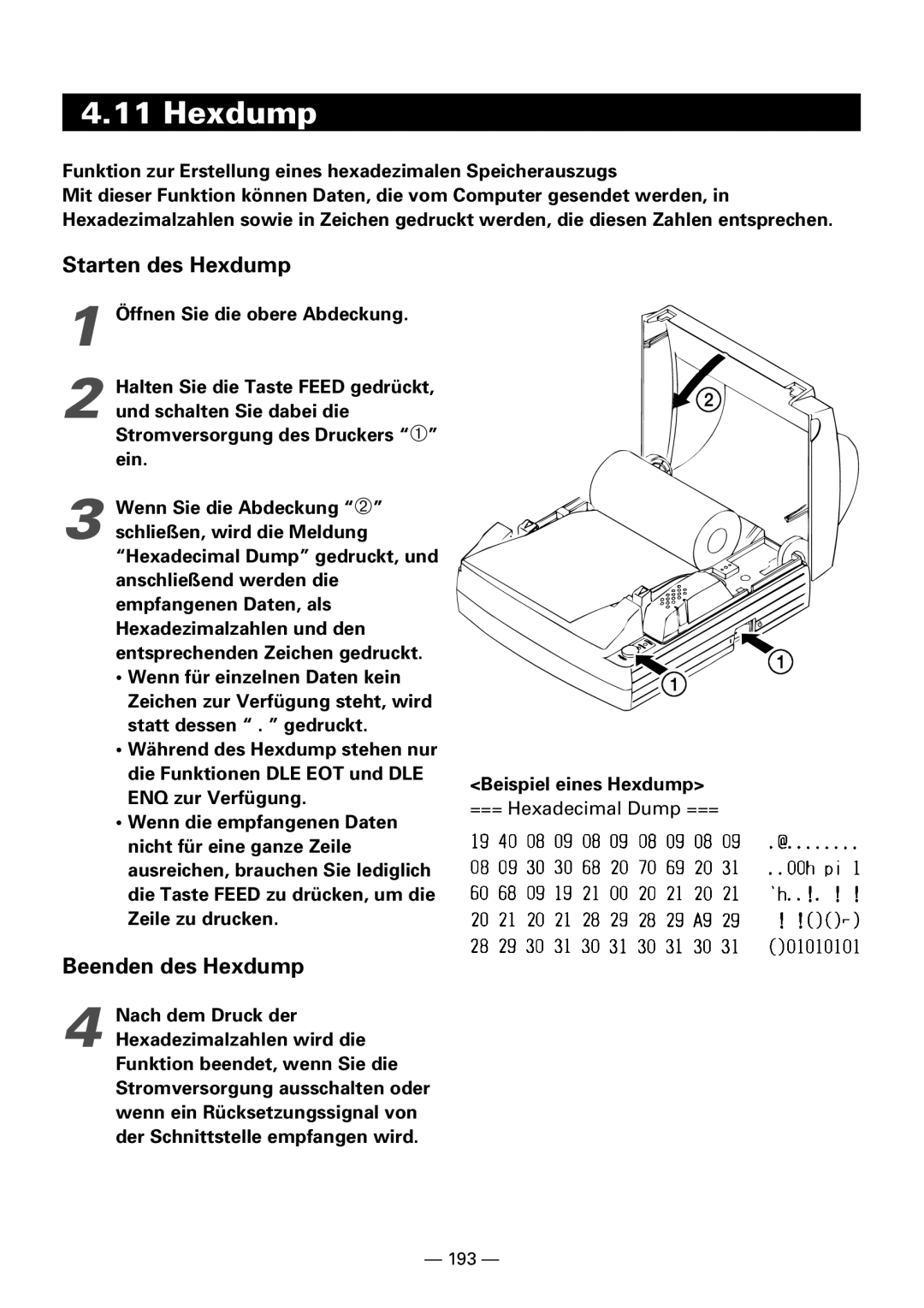 Citizen Systems iDP3240 user manual Funktion zur Erstellung eines hexadezimalen Speicherauszugs, Beispiel eines Hexdump 