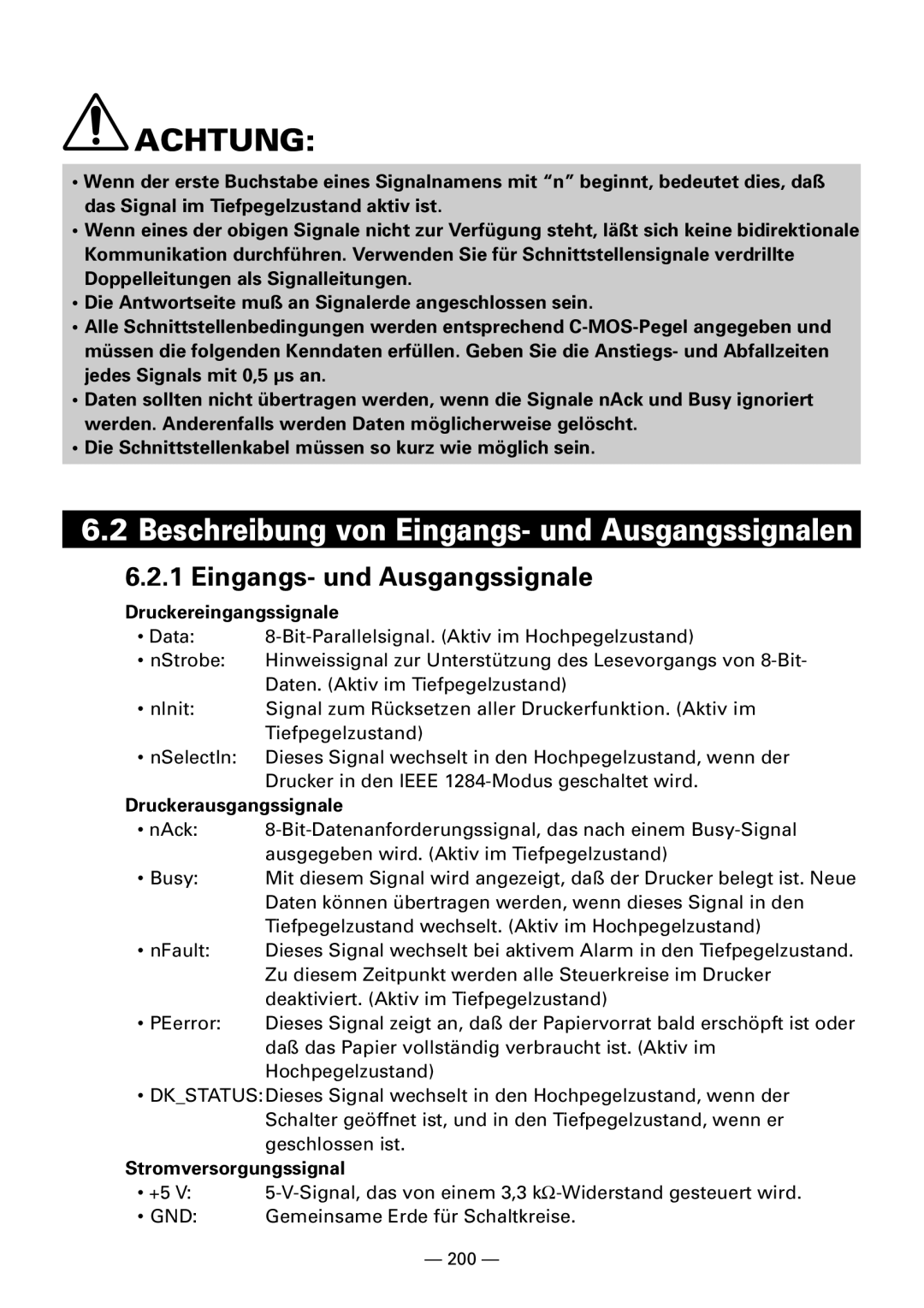 Citizen Systems iDP3240 user manual Eingangs- und Ausgangssignale, Druckereingangssignale, Druckerausgangssignale 