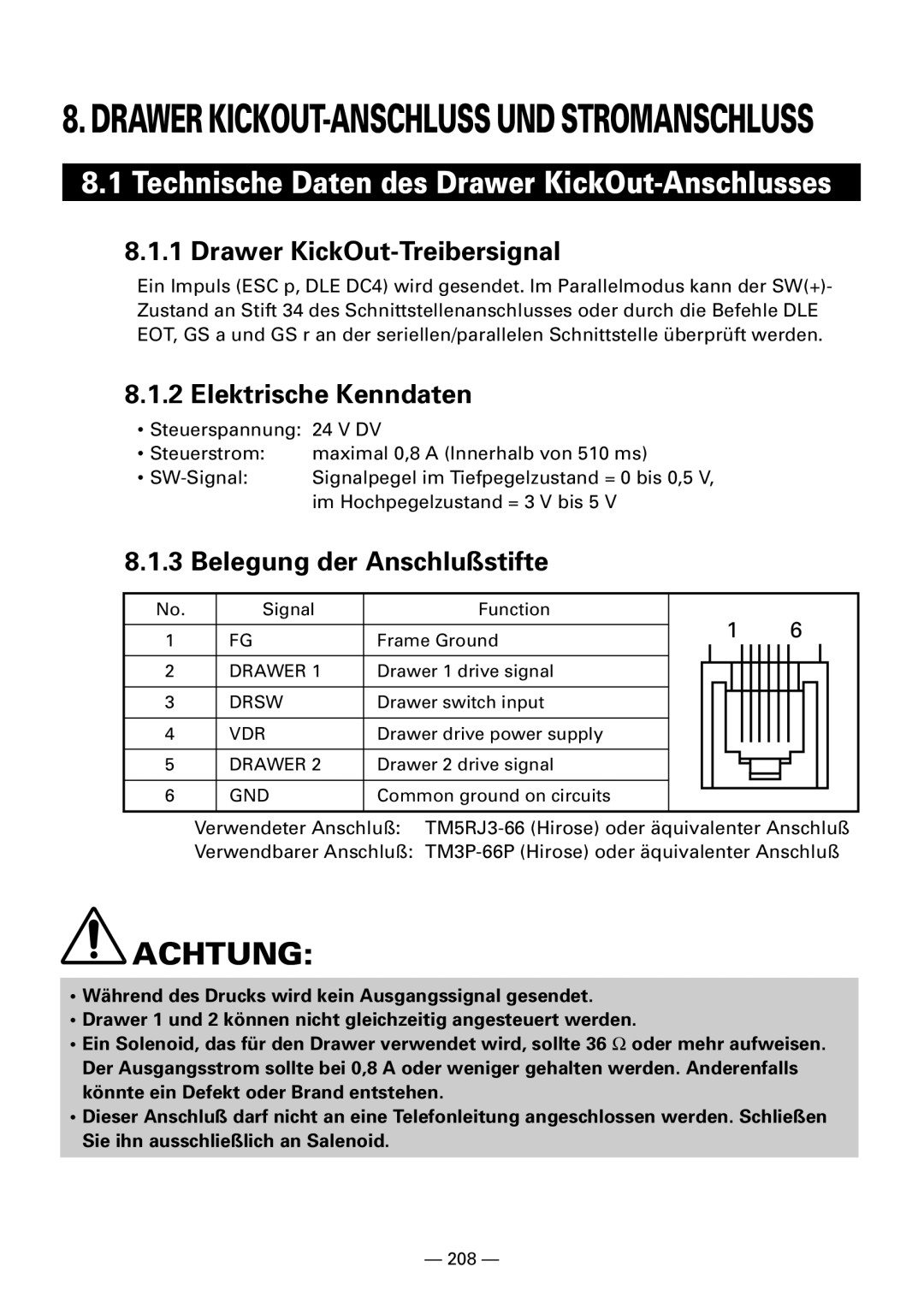 Citizen Systems iDP3240 user manual Technische Daten des Drawer KickOut-Anschlusses, Drawer KickOut-Treibersignal 