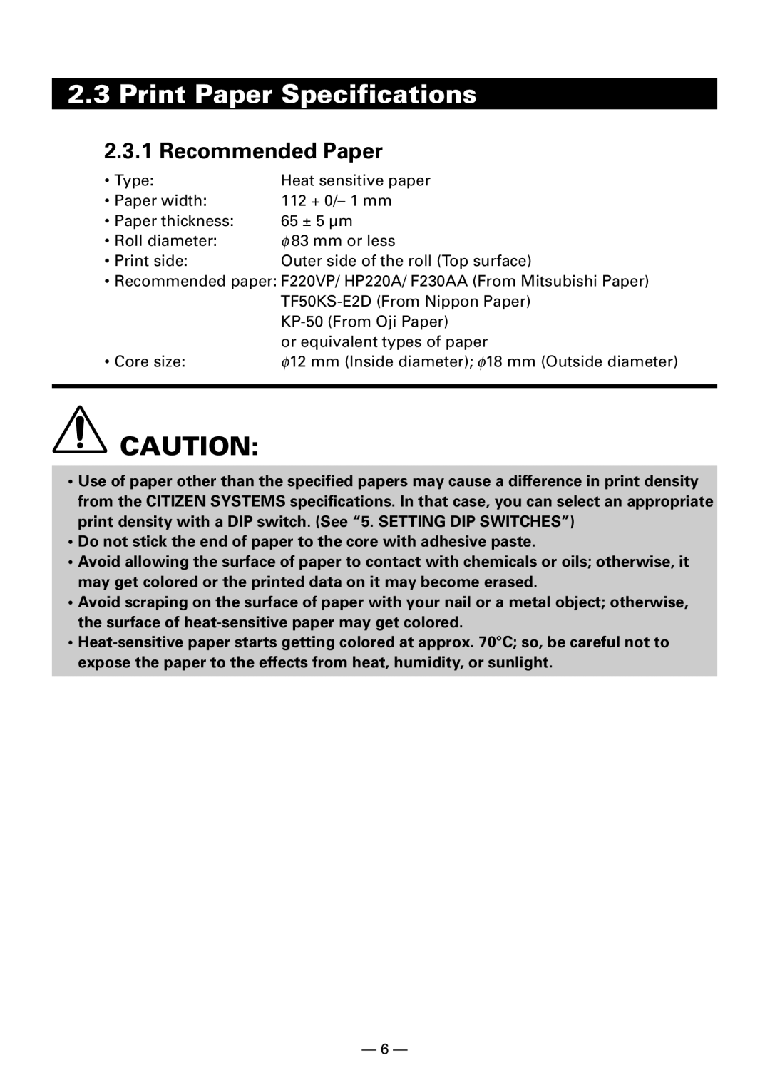 Citizen Systems iDP3240 user manual Print Paper Specifications, Recommended Paper 