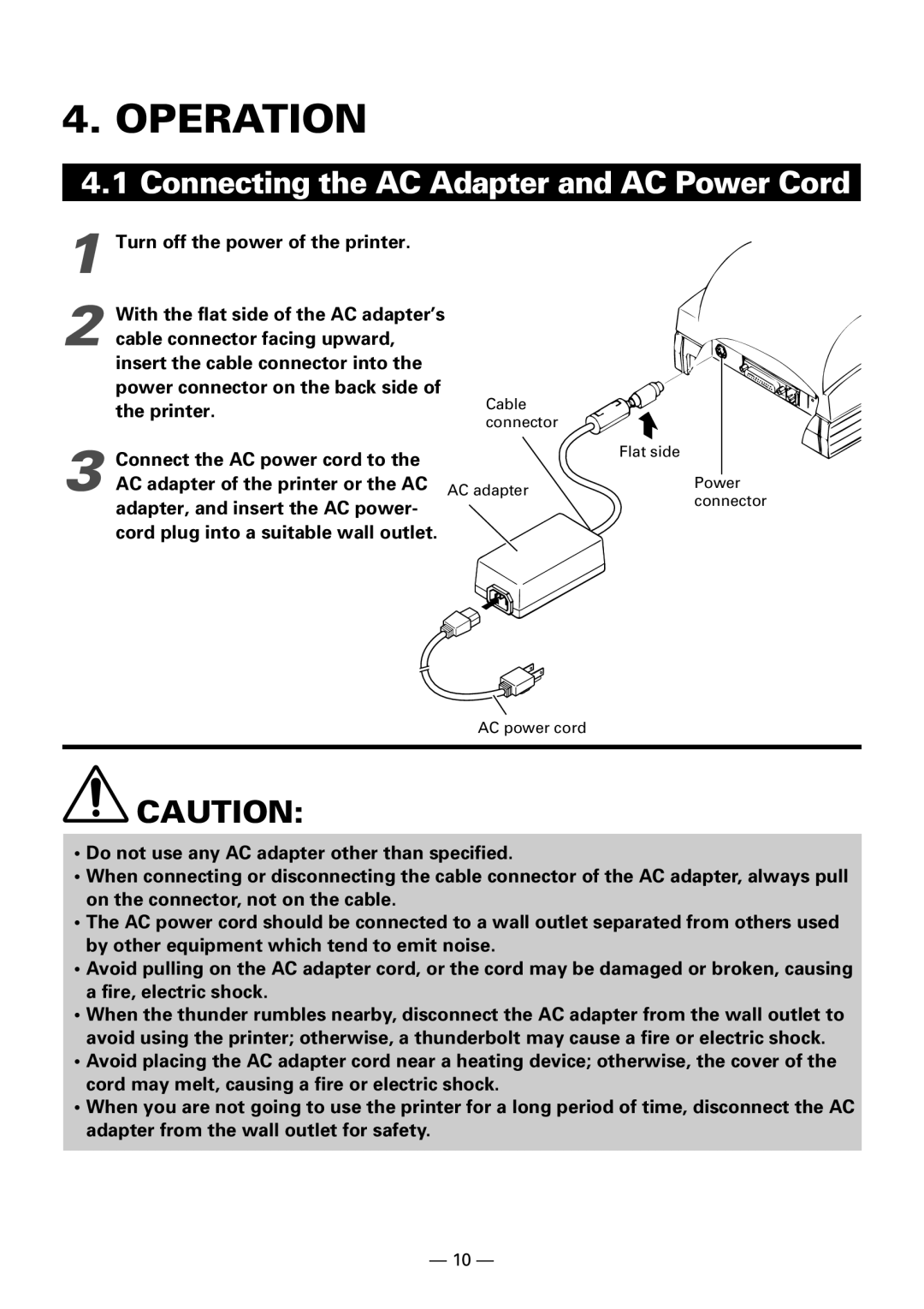 Citizen Systems iDP3240 user manual Operation, Connecting the AC Adapter and AC Power Cord 