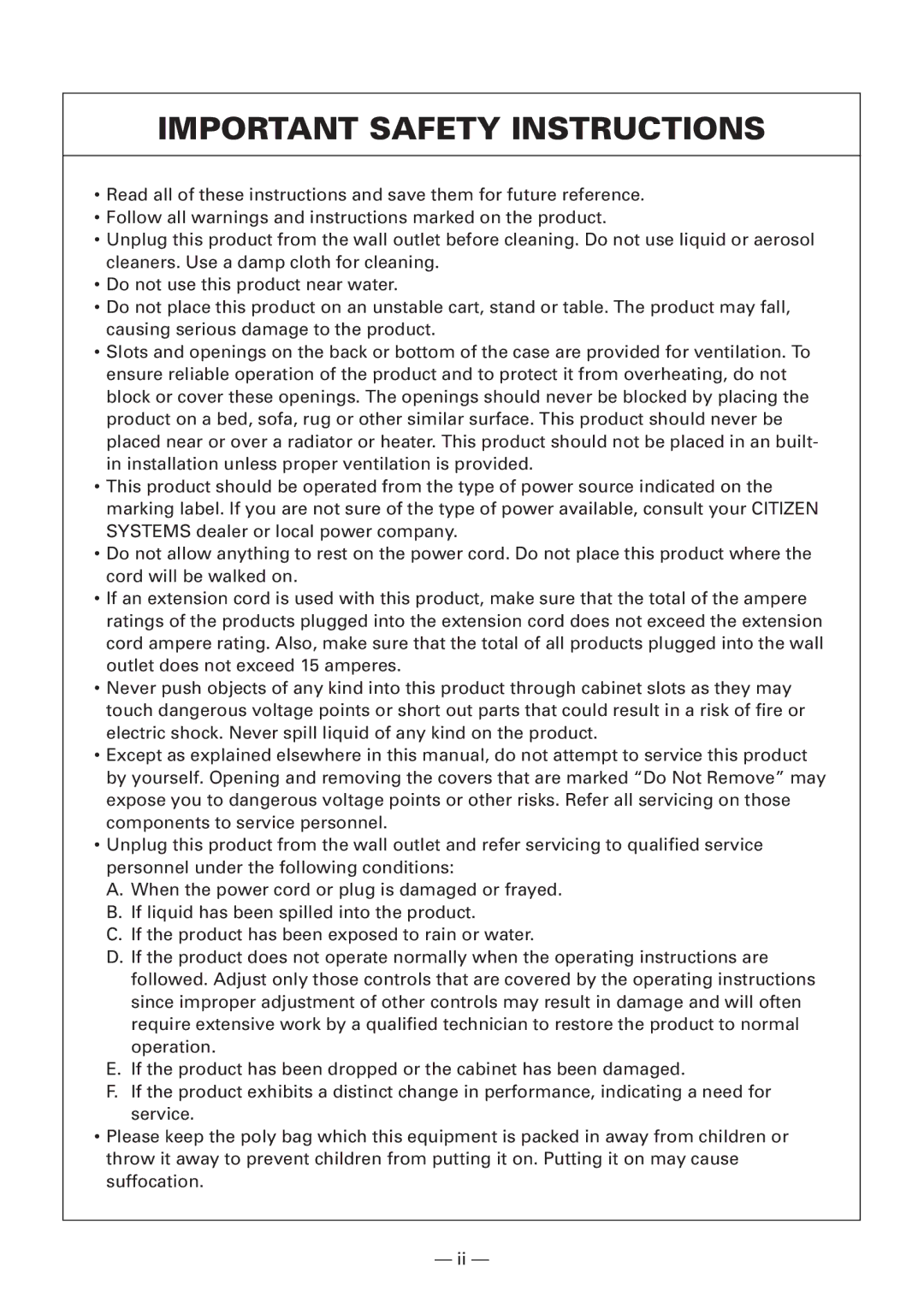 Citizen Systems iDP3240 user manual Important Safety Instructions 