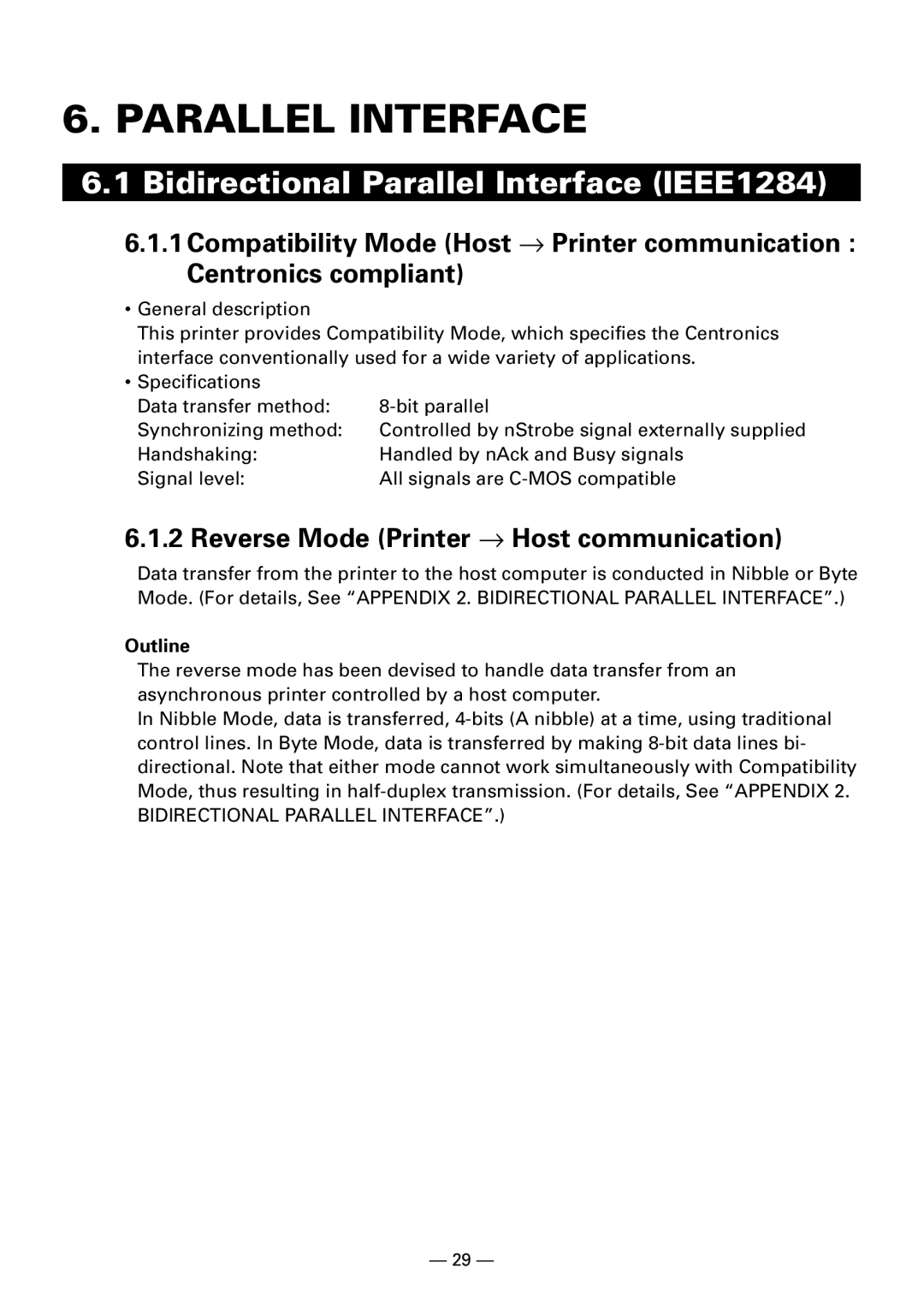 Citizen Systems iDP3240 Bidirectional Parallel Interface IEEE1284, Reverse Mode Printer → Host communication, Outline 