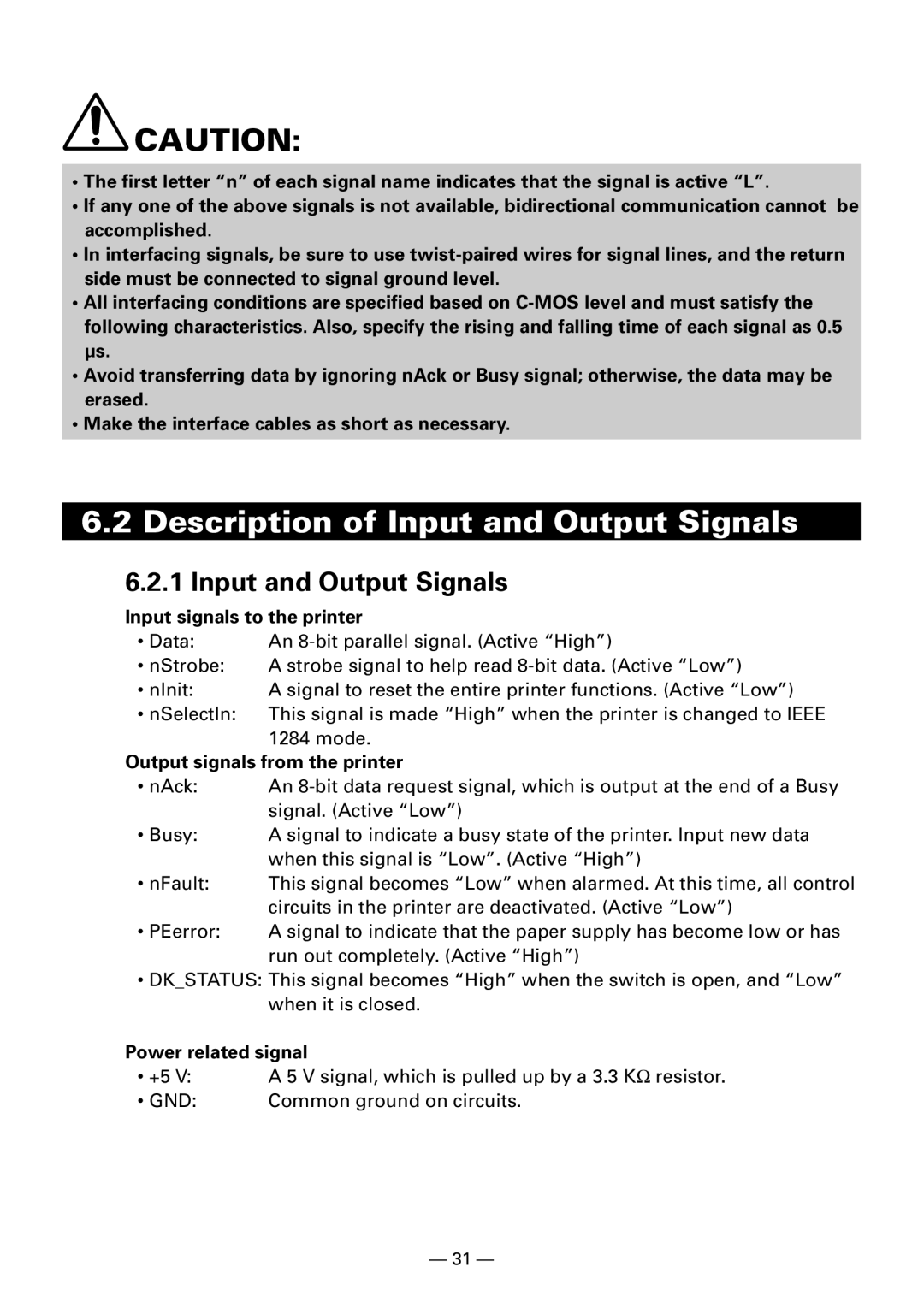 Citizen Systems iDP3240 Description of Input and Output Signals, Input signals to the printer, Power related signal 