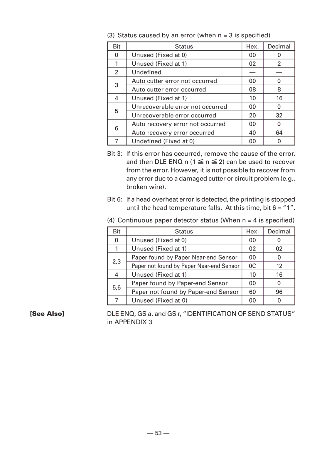 Citizen Systems iDP3240 user manual DLE ENQ, GS a, and GS r, Identification of Send Status 