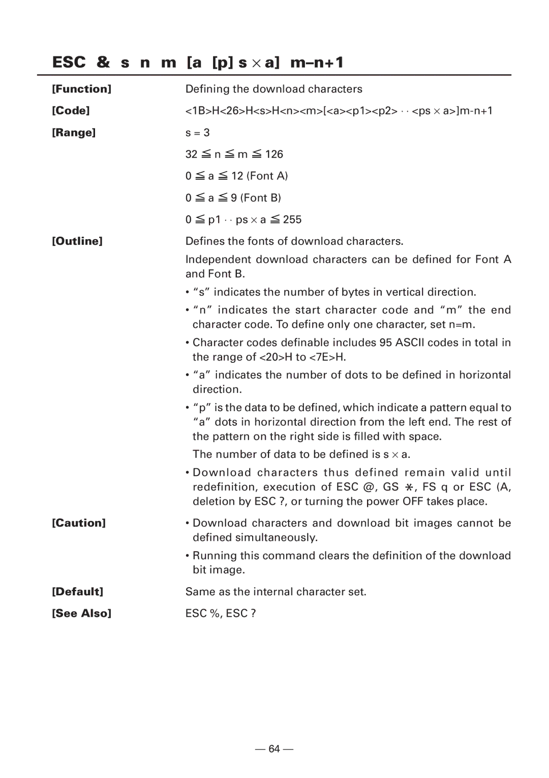 Citizen Systems iDP3240 user manual ESC & s n m a p s × a m-n+1, Range 