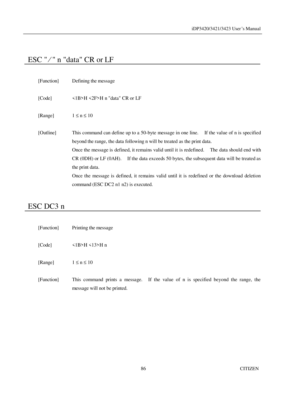 Citizen Systems iDP3421, iDP3423, iDP3420 user manual ESC ⁄ n data CR or LF 