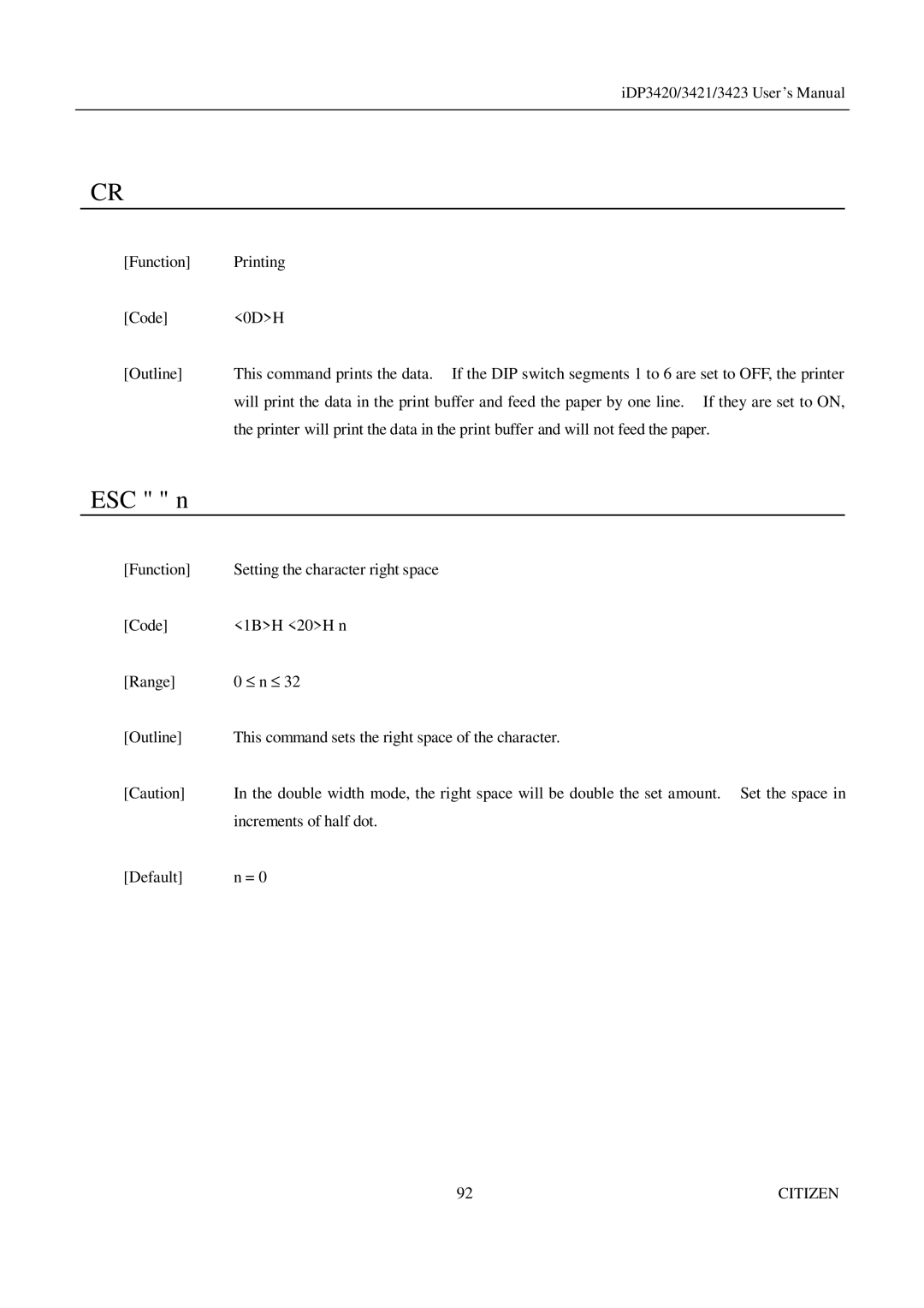 Citizen Systems iDP3421, iDP3423, iDP3420 user manual ESC n 