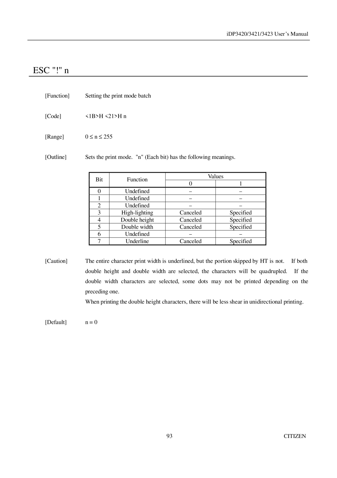 Citizen Systems iDP3423, iDP3421, iDP3420 user manual ESC ! n, Preceding one 