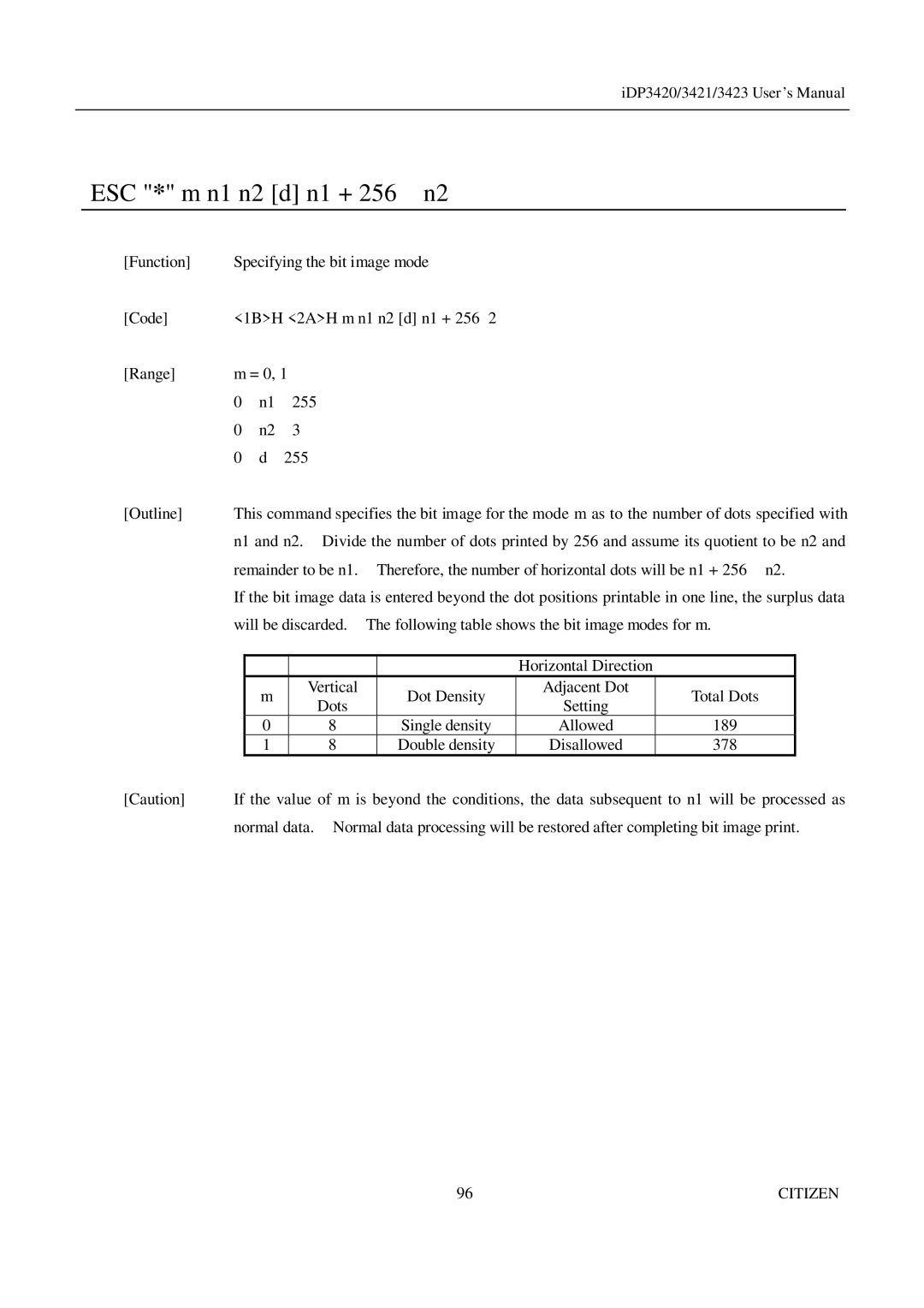 Citizen Systems iDP3423, iDP3421, iDP3420 user manual ESC ∗ m n1 n2 d n1 + 256 ⋅ n2, ≤ n2 ≤ ≤ d ≤ Outline 