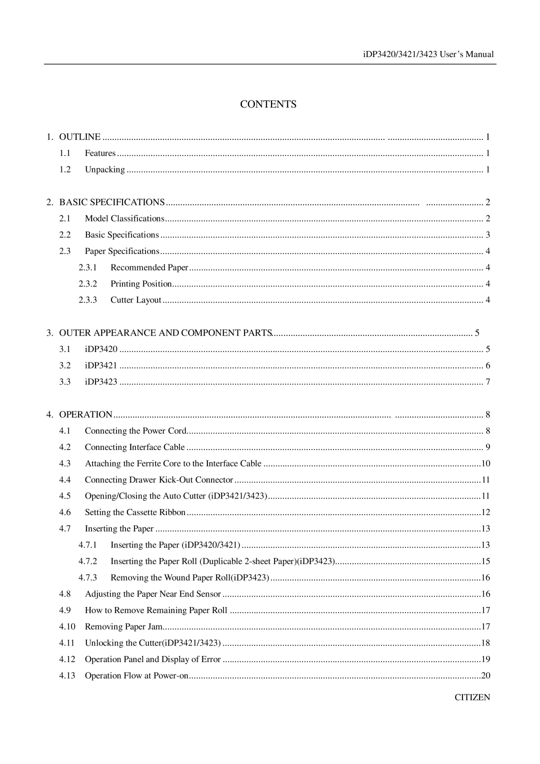 Citizen Systems iDP3423, iDP3421, iDP3420 user manual Contents 