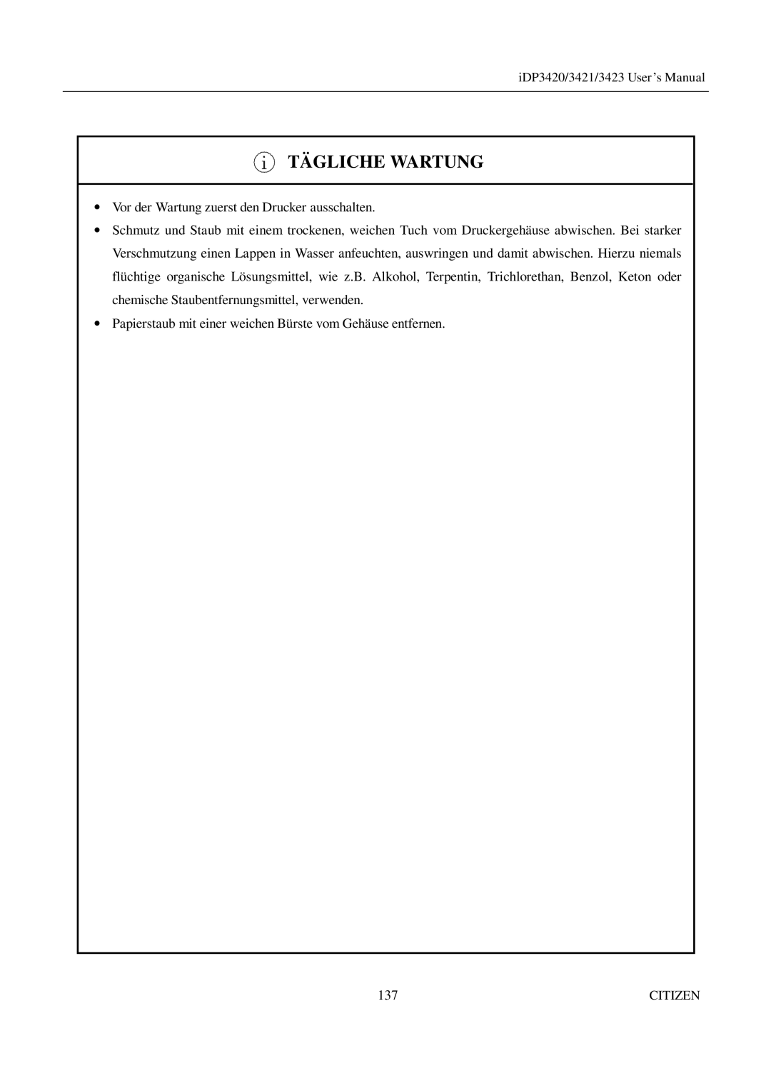 Citizen Systems iDP3421, iDP3423, iDP3420 user manual Tägliche Wartung 