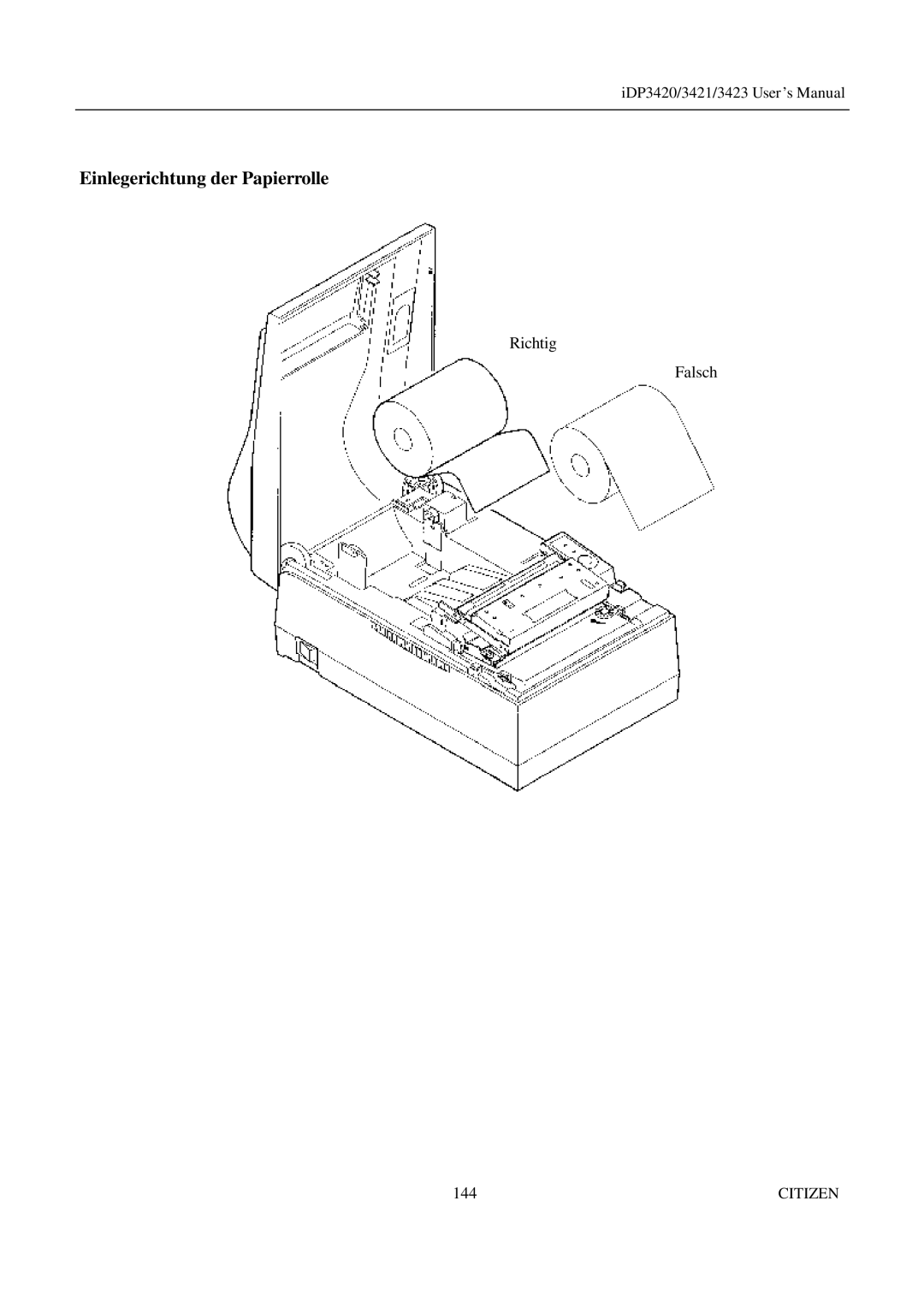 Citizen Systems iDP3423, iDP3421, iDP3420 user manual Einlegerichtung der Papierrolle 