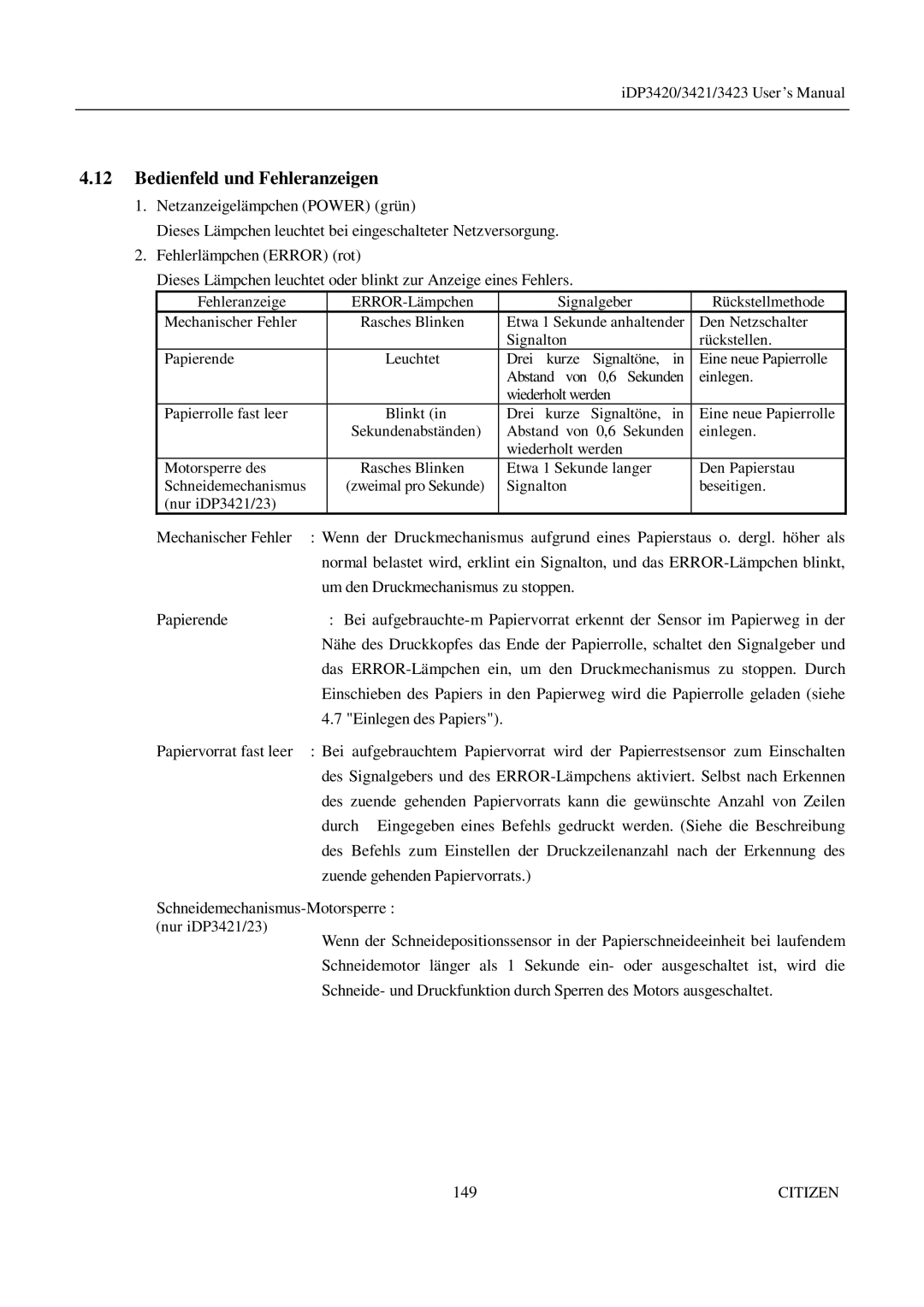 Citizen Systems iDP3421, iDP3423, iDP3420 user manual Bedienfeld und Fehleranzeigen 