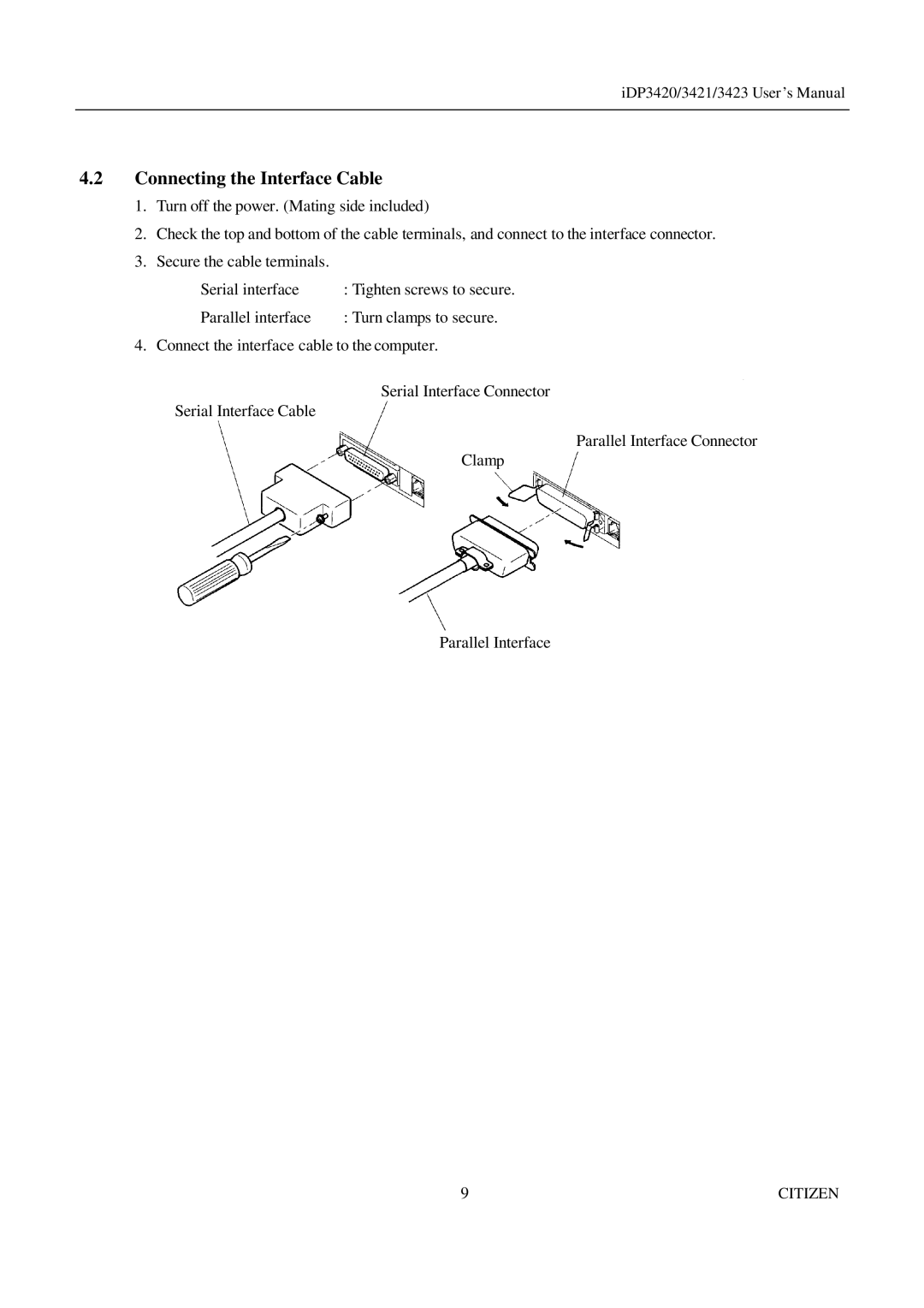 Citizen Systems iDP3423, iDP3421, iDP3420 user manual Connecting the Interface Cable 