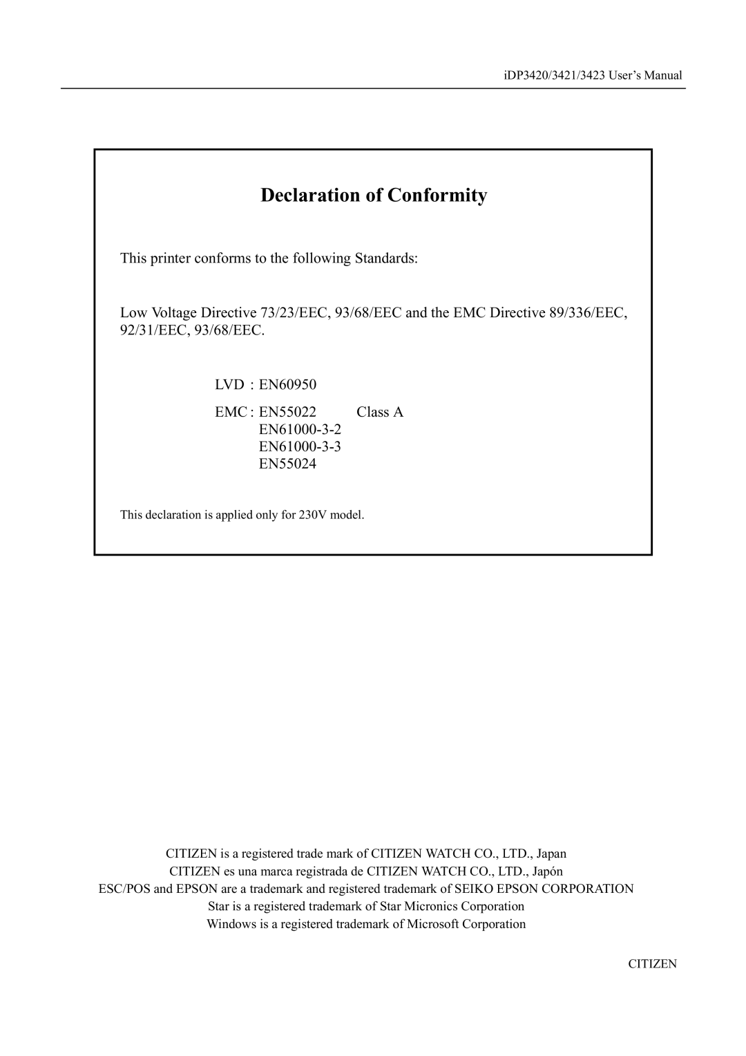 Citizen Systems iDP3421, iDP3423, iDP3420 user manual Declaration of Conformity 