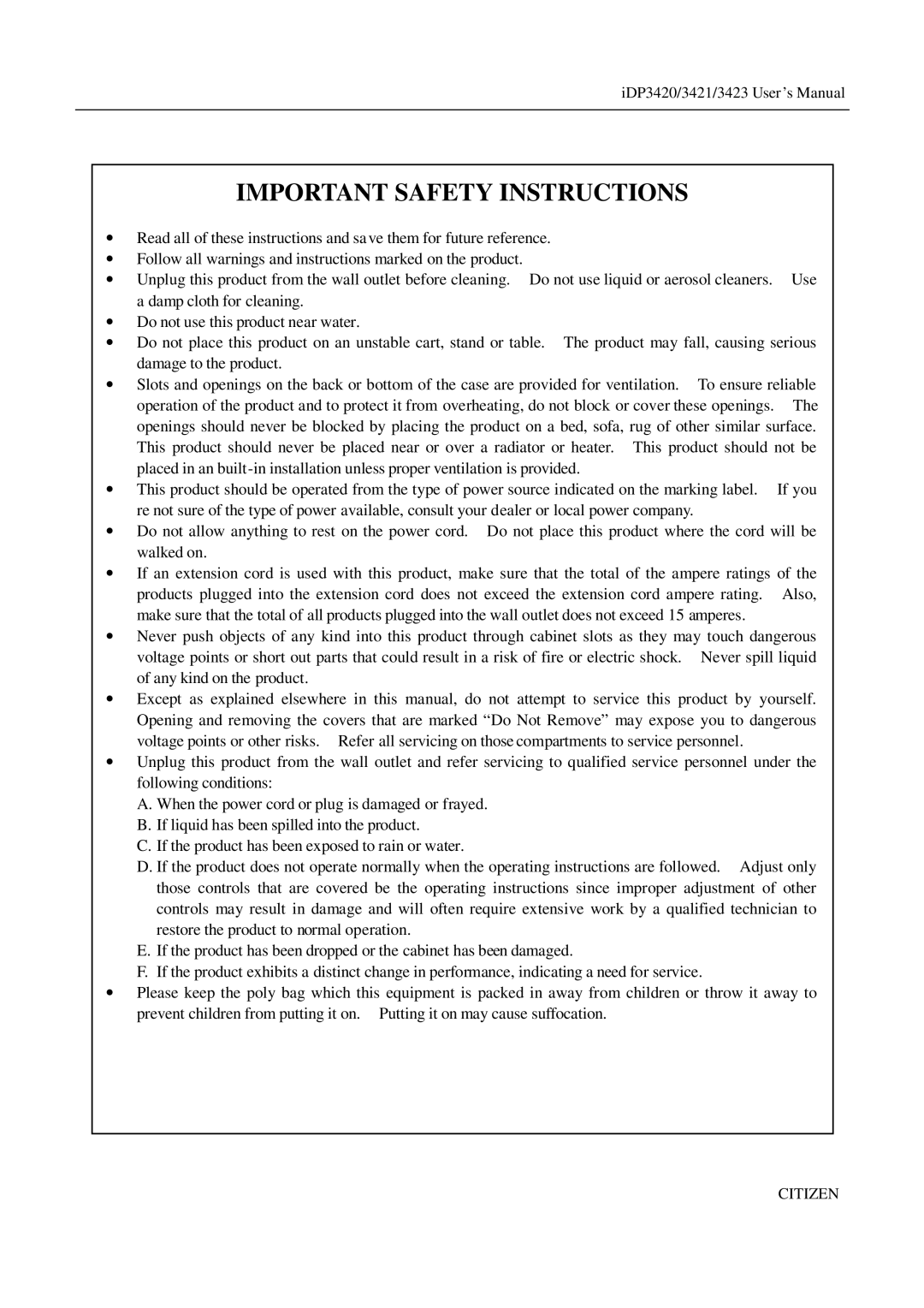 Citizen Systems iDP3423, iDP3421, iDP3420 user manual Important Safety Instructions 