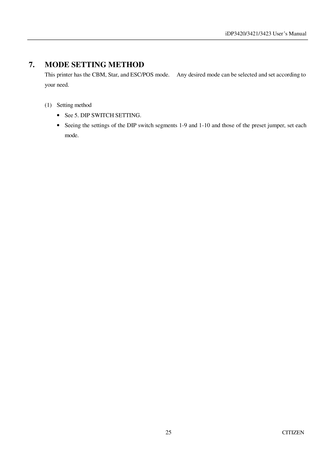 Citizen Systems iDP3420, iDP3421, iDP3423 user manual Mode Setting Method 