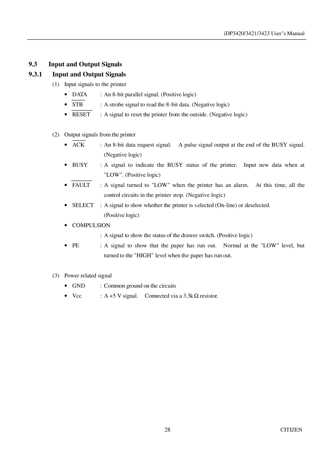 Citizen Systems iDP3420, iDP3421, iDP3423 user manual Input and Output Signals 