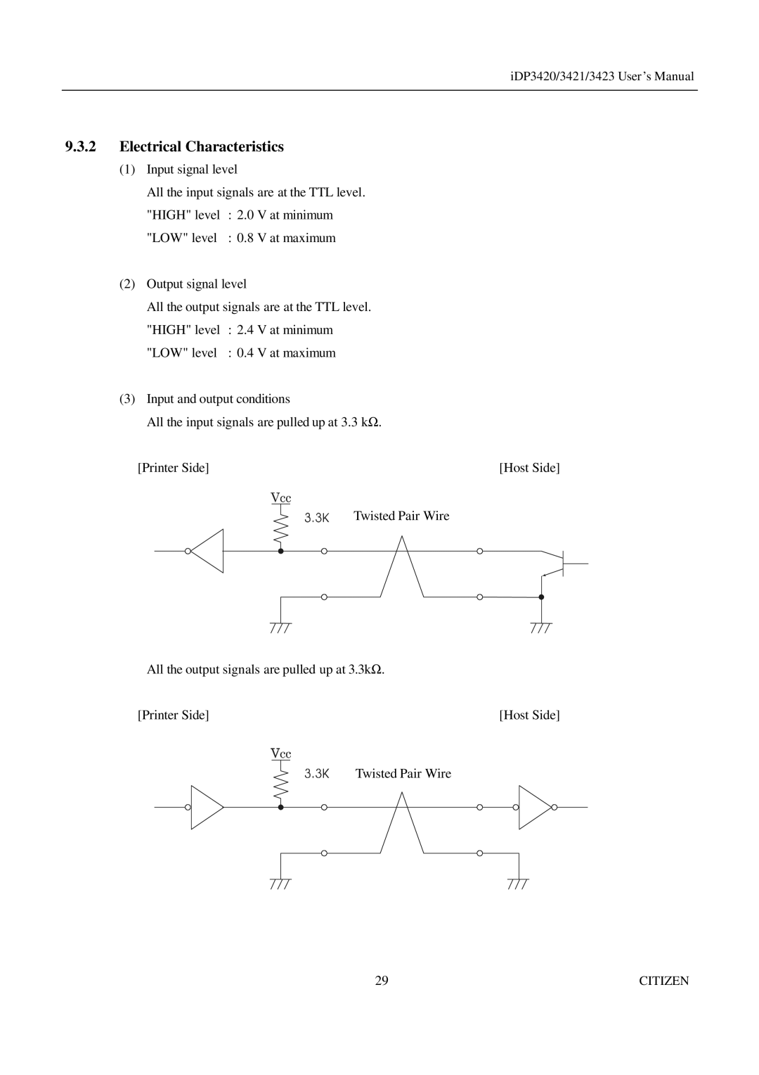 Citizen Systems iDP3421, iDP3423, iDP3420 user manual Electrical Characteristics 