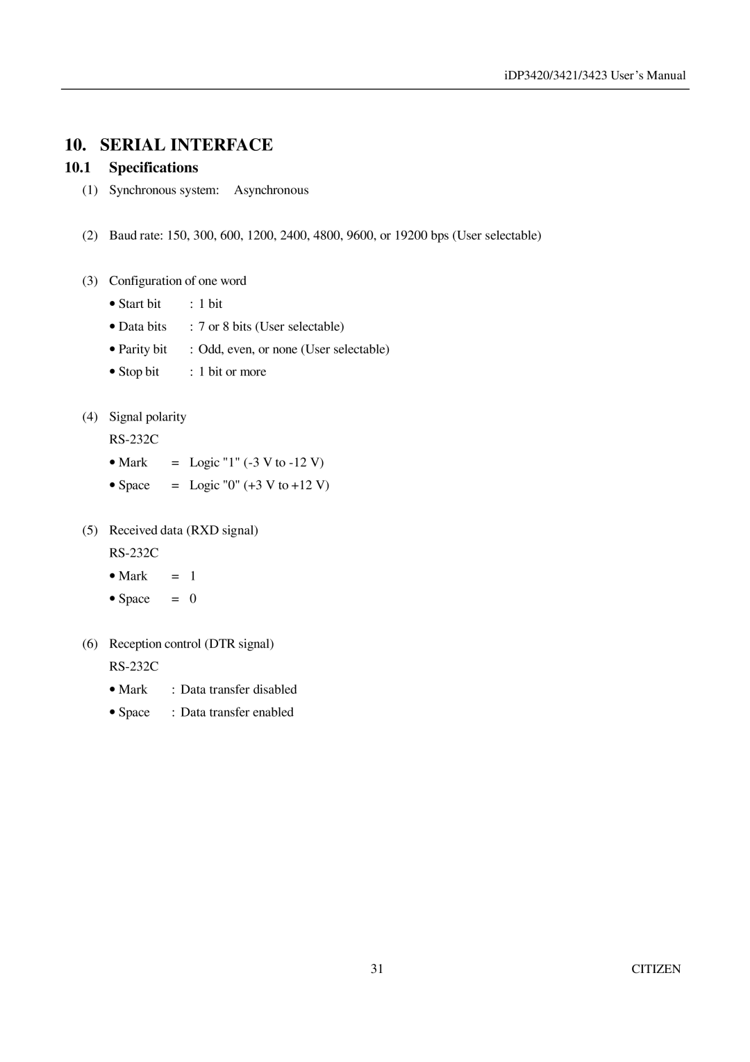 Citizen Systems iDP3420, iDP3421, iDP3423 user manual Serial Interface, Specifications 