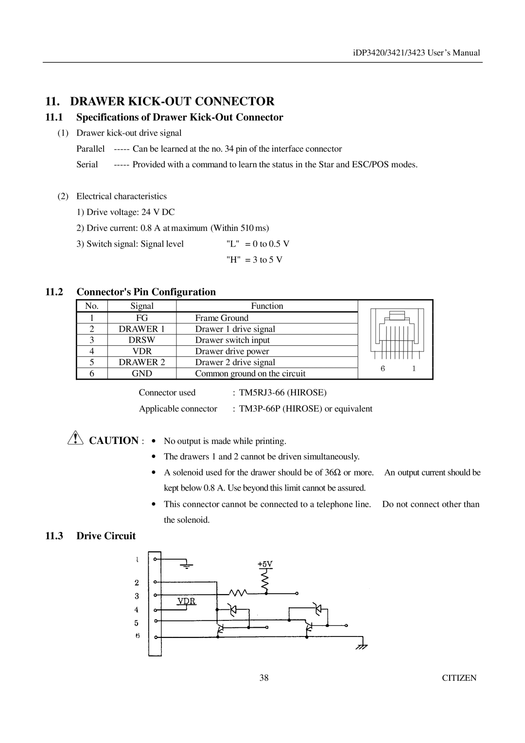 Citizen Systems iDP3421, iDP3423 Drawer KICK-OUT Connector, Specifications of Drawer Kick-Out Connector, Drive Circuit 