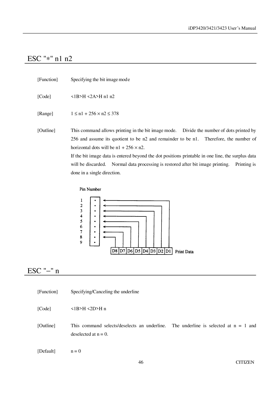 Citizen Systems iDP3420, iDP3421, iDP3423 user manual ESC ∗ n1 n2, ESC − n 