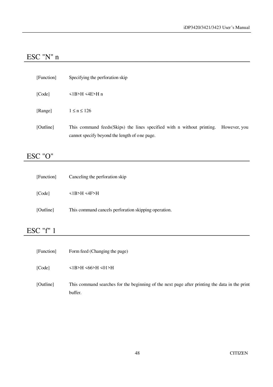 Citizen Systems iDP3423, iDP3421, iDP3420 user manual ESC N n, ESC f 