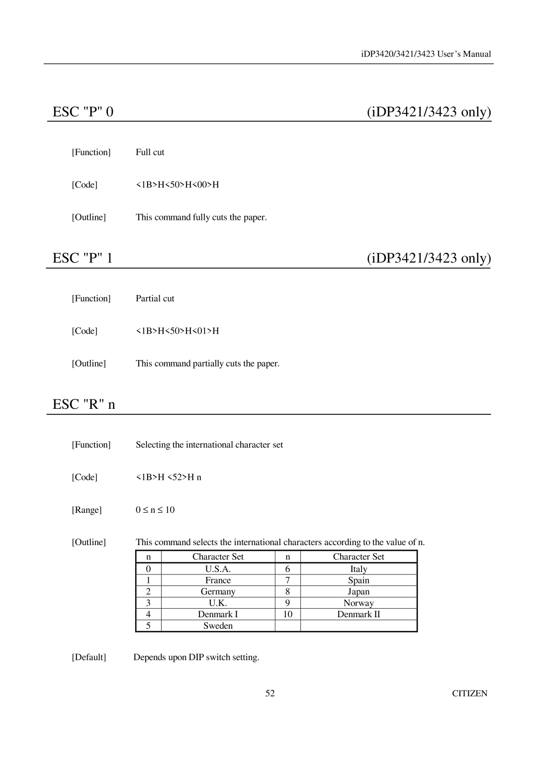 Citizen Systems iDP3420, iDP3421, iDP3423 user manual ESC P IDP3421/3423 only, ESC R n 