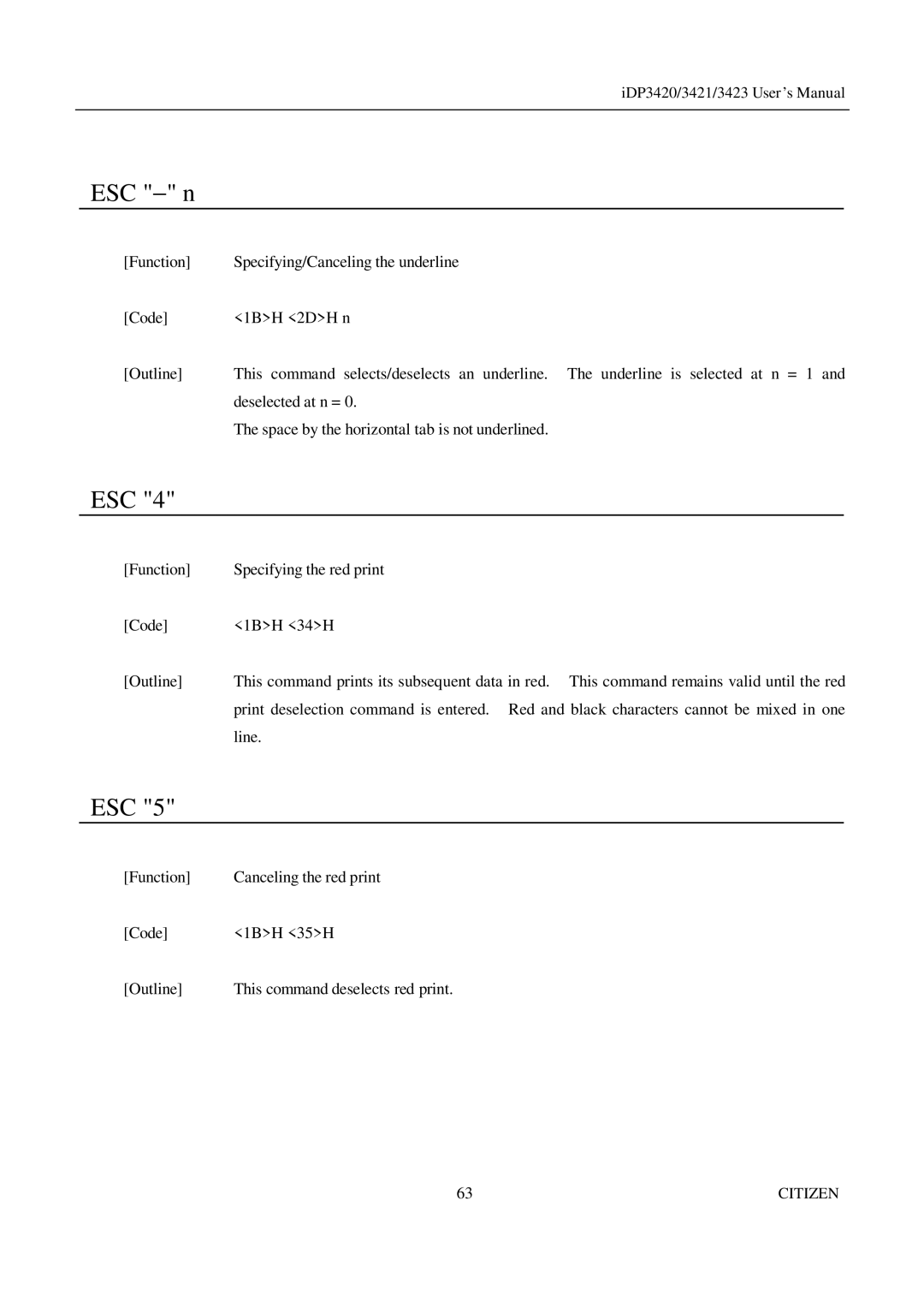 Citizen Systems iDP3423, iDP3421, iDP3420 user manual Function Canceling the red print Code 1BH 35H Outline 