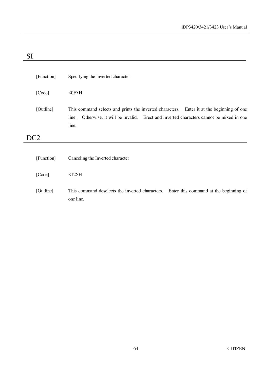 Citizen Systems iDP3420, iDP3421, iDP3423 user manual Canceling the Inverted character 