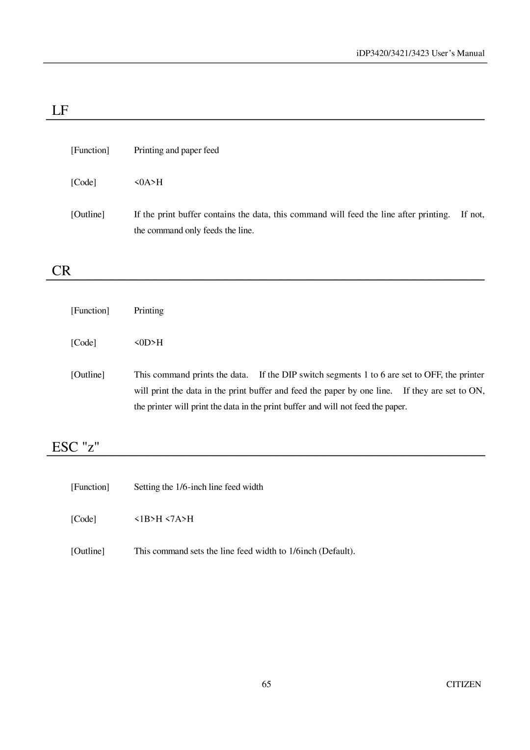 Citizen Systems iDP3421, iDP3423, iDP3420 user manual ESC z 