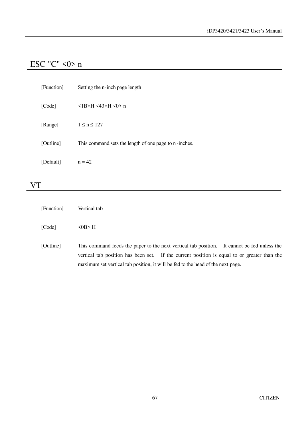 Citizen Systems iDP3420, iDP3421, iDP3423 user manual ESC C 0 n 