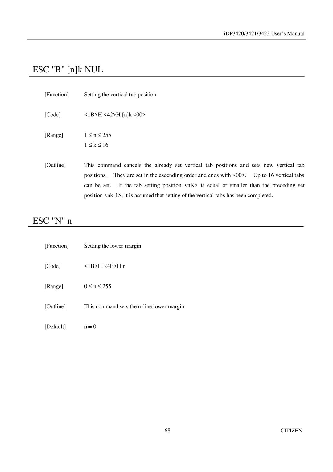 Citizen Systems iDP3421, iDP3423, iDP3420 user manual ESC B nk NUL, ESC N n 