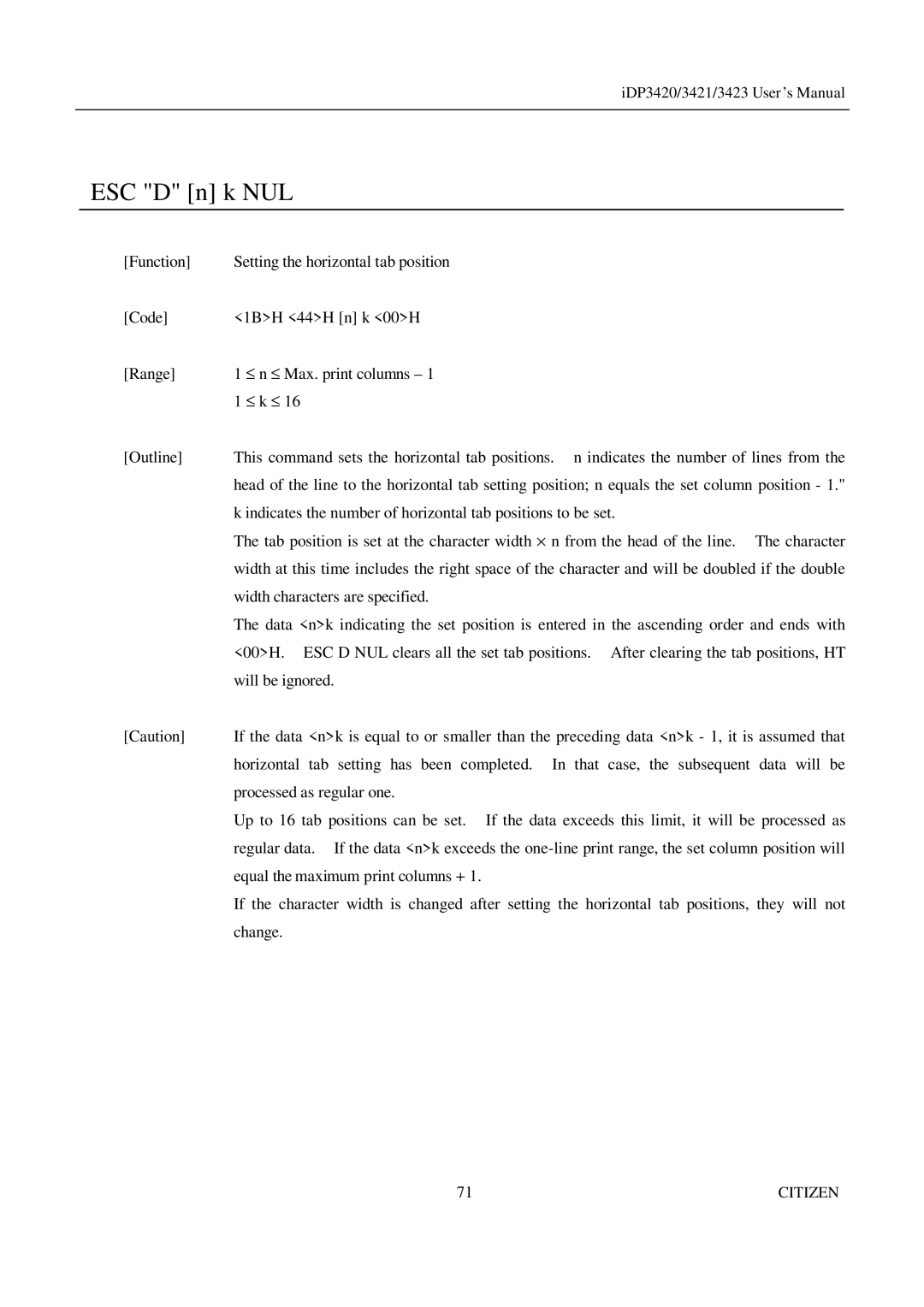 Citizen Systems iDP3421, iDP3423, iDP3420 user manual ESC D n k NUL 