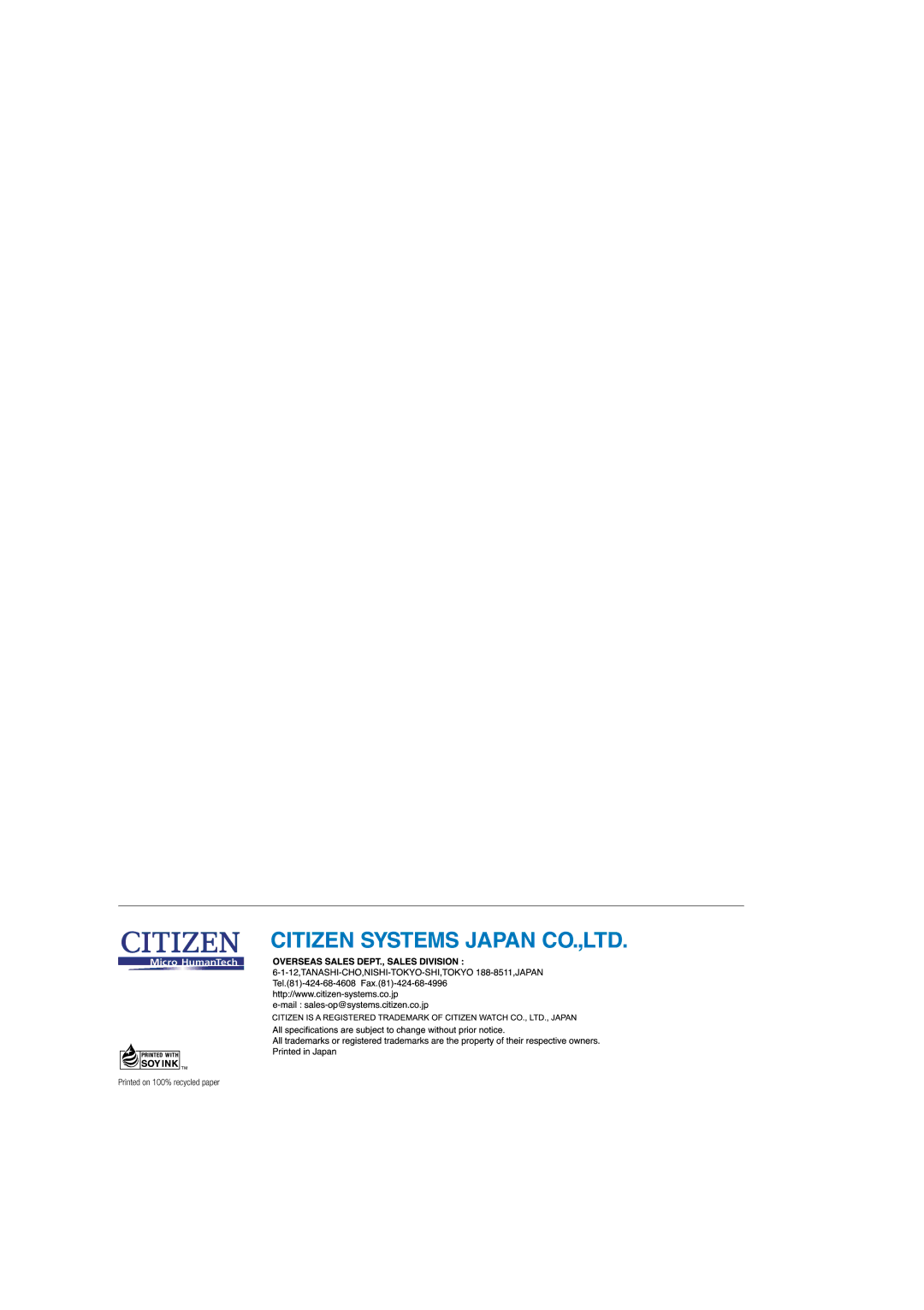 Citizen Systems Mini Printer manual Printed on 100% recycled paper 