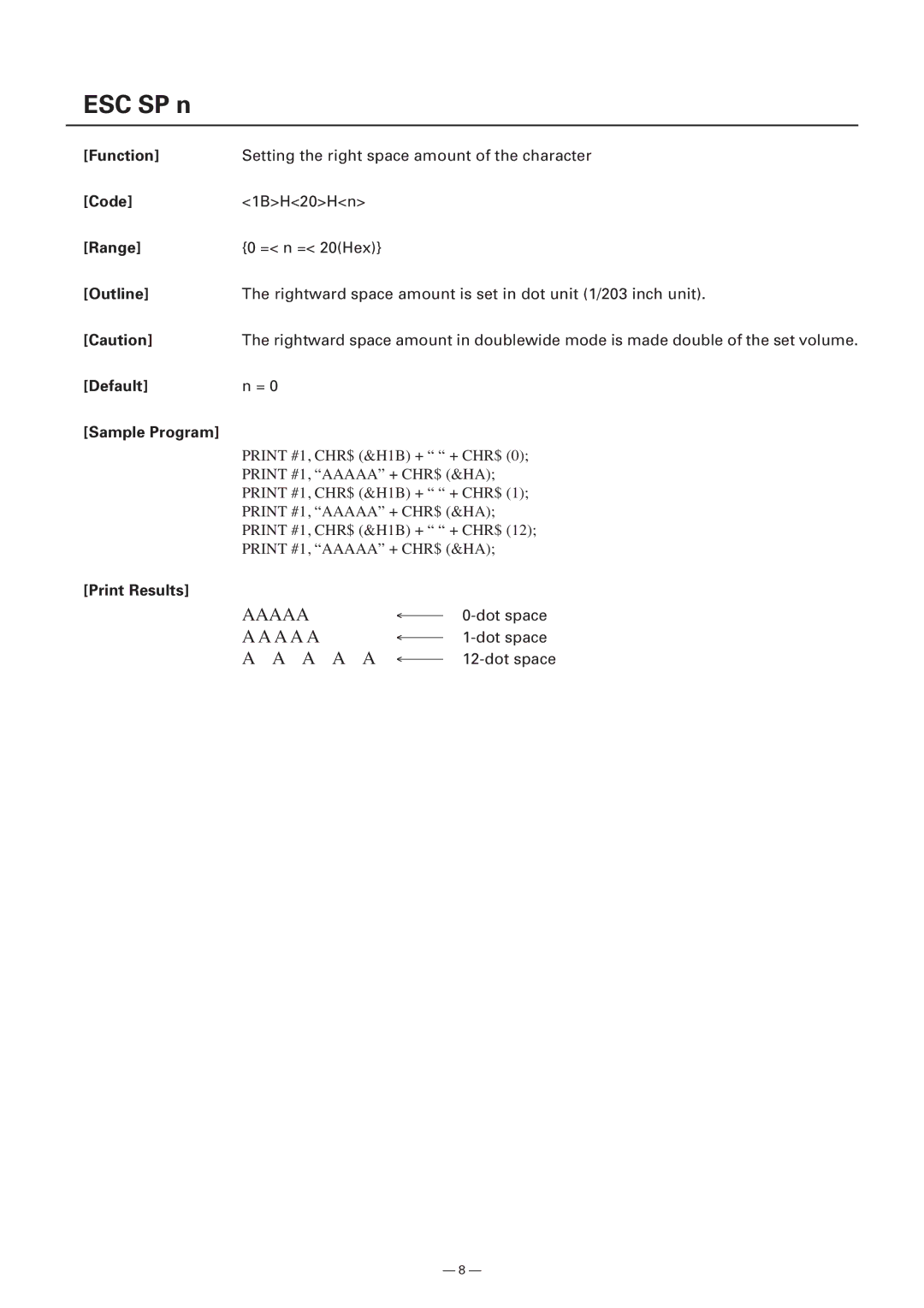 Citizen Systems Model CMP-10 manual ESC SP n, Default Sample Program 