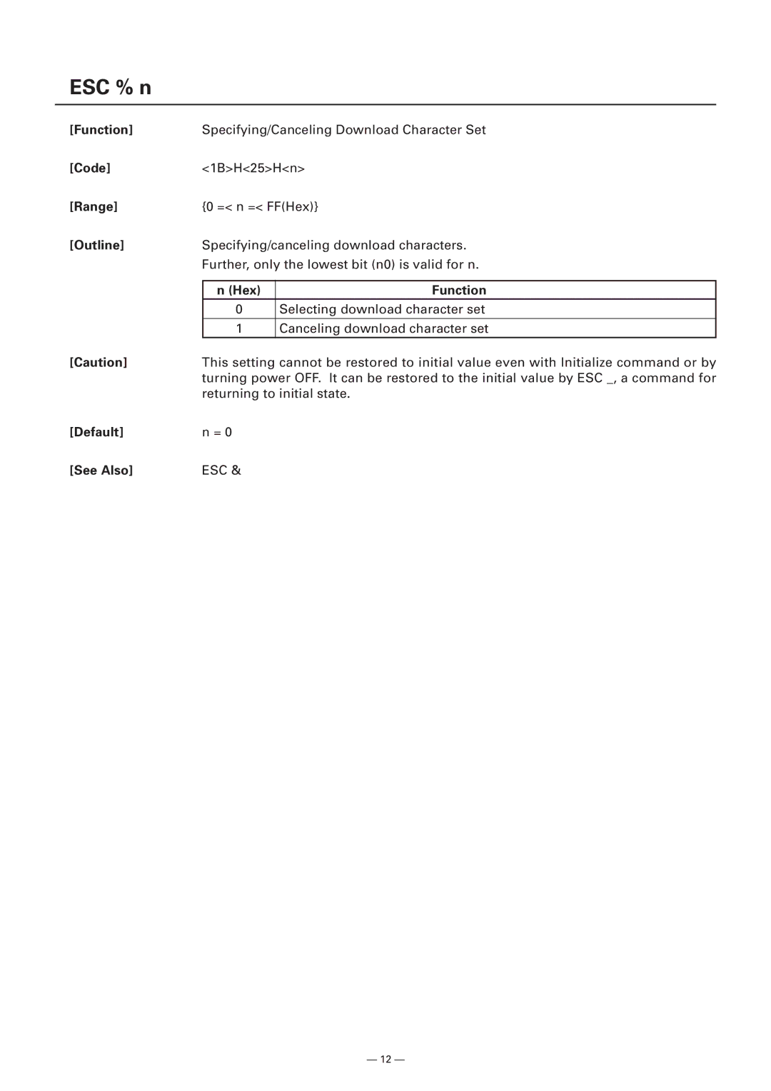 Citizen Systems Model CMP-10 manual ESC % n, Default See Also 