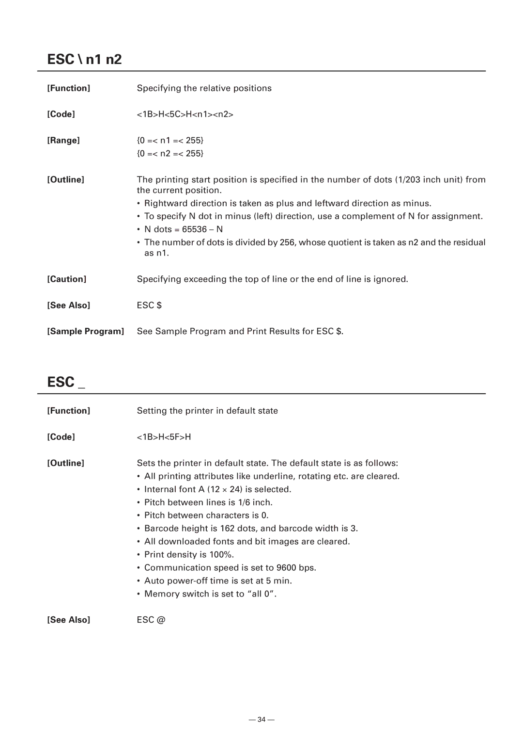 Citizen Systems Model CMP-10 manual ESC \ n1 n2, Function 