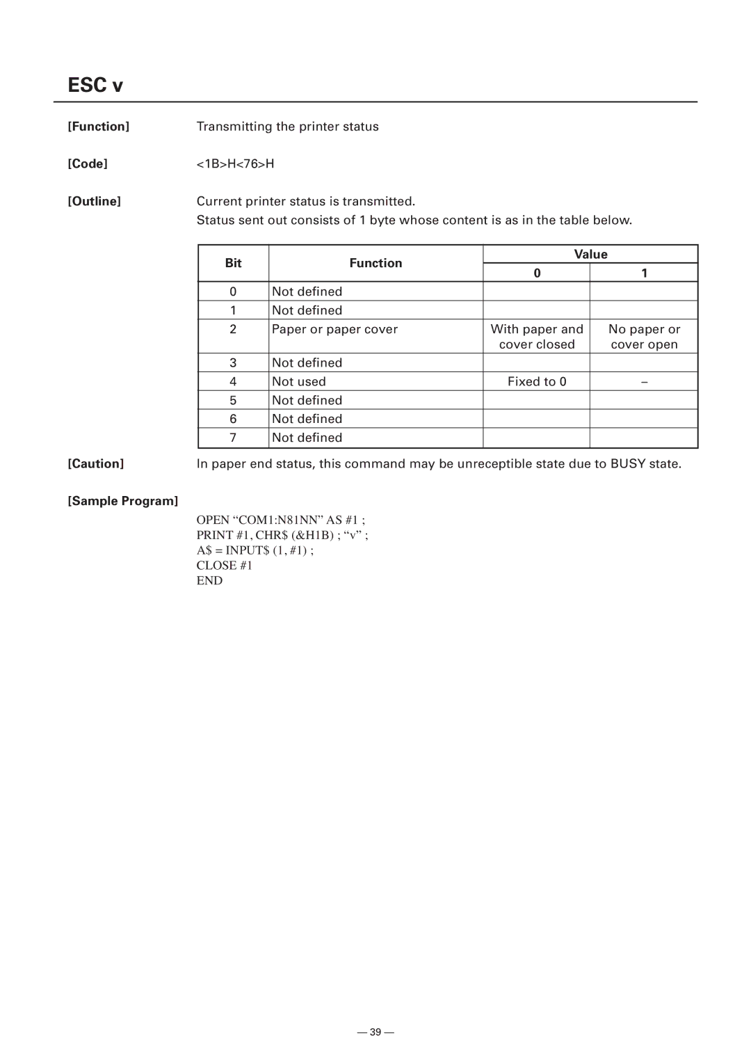 Citizen Systems Model CMP-10 manual Esc, Bit Function Value 