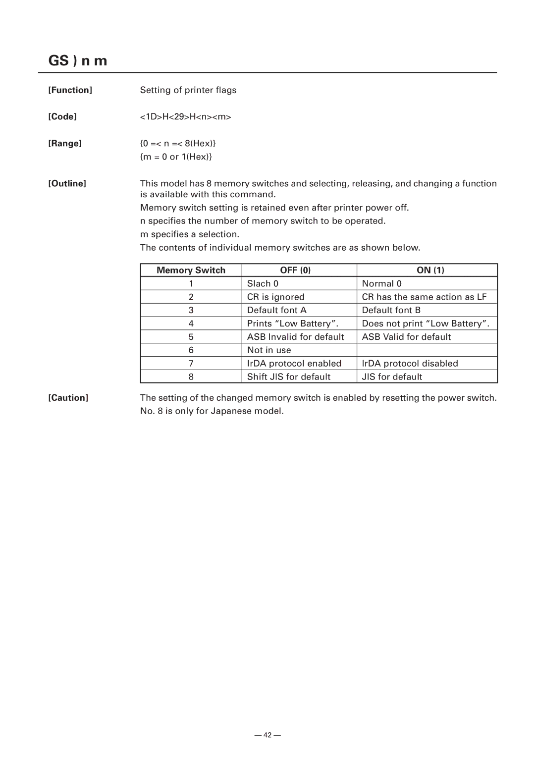 Citizen Systems Model CMP-10 manual GS n m, Memory Switch OFF 